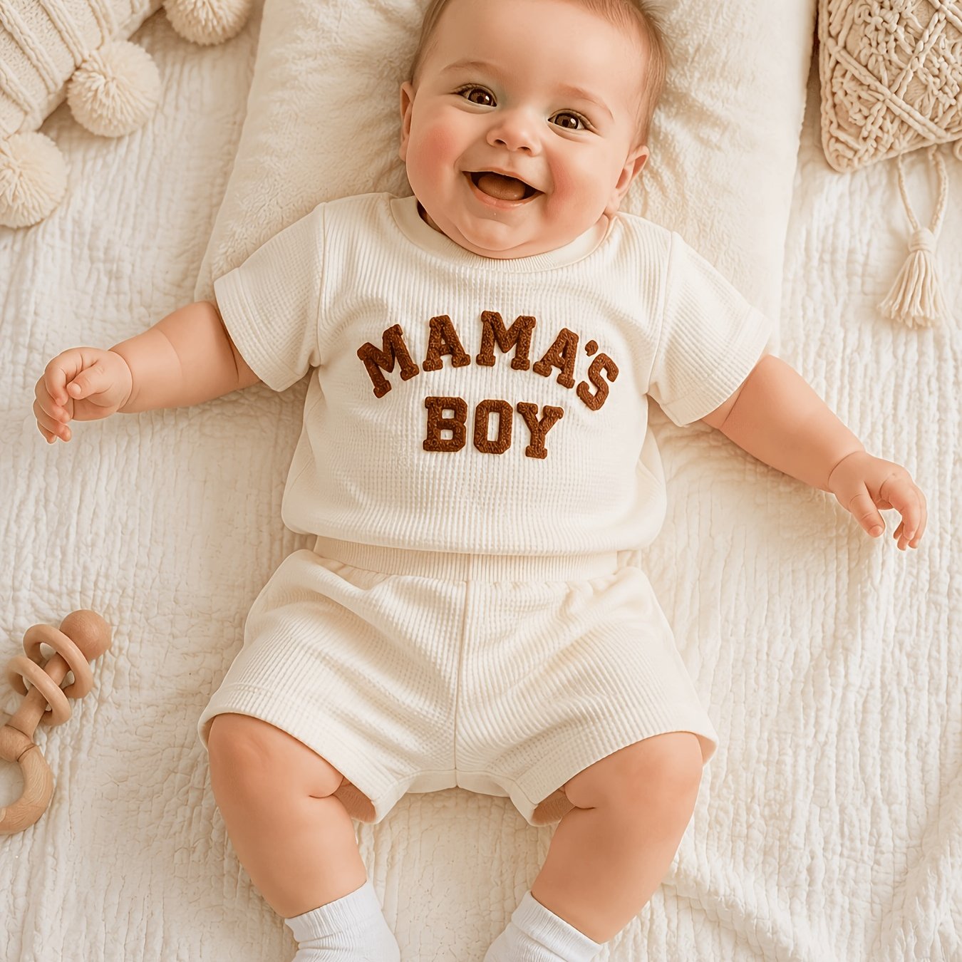 Image of Waffle Knit "" Embroidered Baby Boy Summer Romper Set With Short Sleeves And Shorts, Suitable For Outdoor Wear, Ages 0-12 Months, Perfect For Outdoor