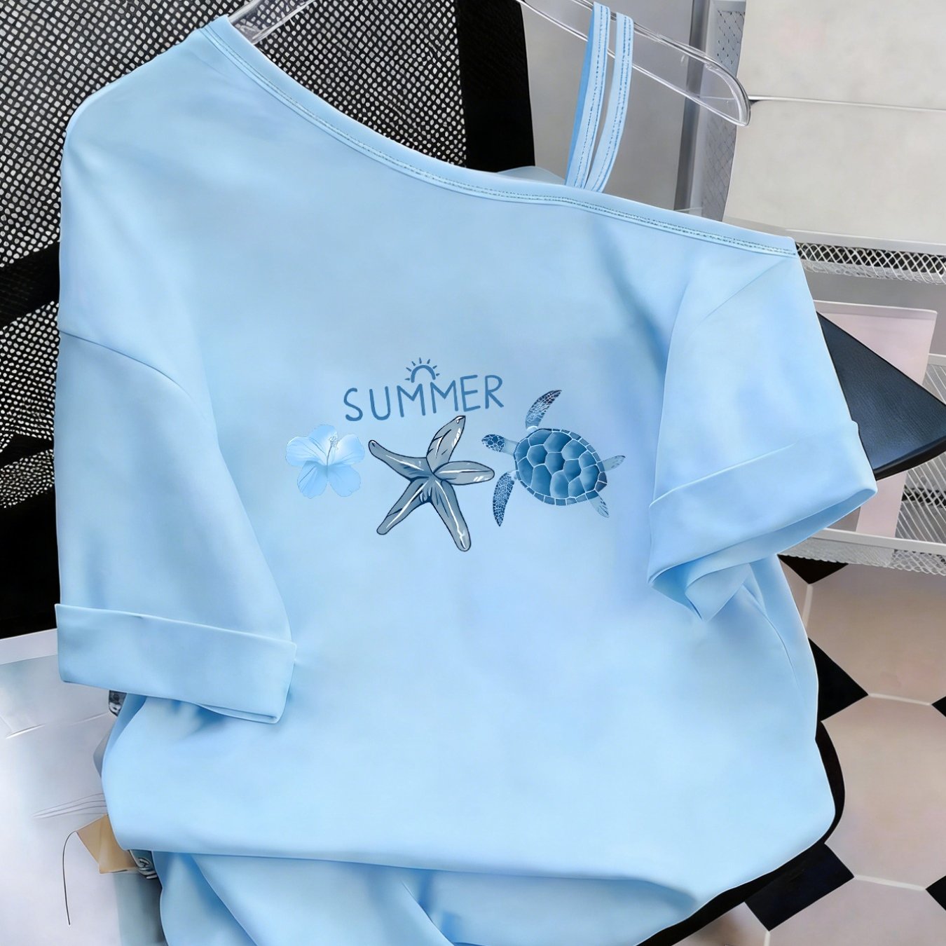 TEMU Y2k Style Creative Print Summer Ocean Theme, Featuring Floral Turtles And Starfish. Women's Fashion Casual Versatile Spring/summer Off-shoulder