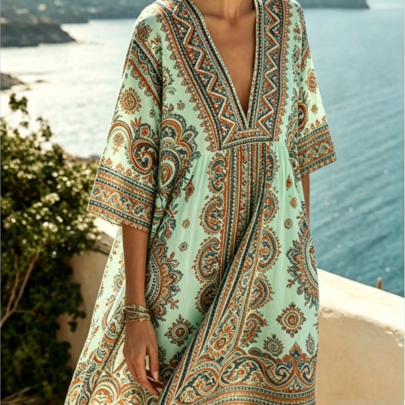 Image of Plus Size, Plus Size Women's Spring And Summer V-neck Kaftan Dress, Bamboo Hemp, Ethnic Style, Bohemian Style, Casual Versatile Vacation Casual Skirt, Suitable For , Used As A Blouse Or Casual Dress.