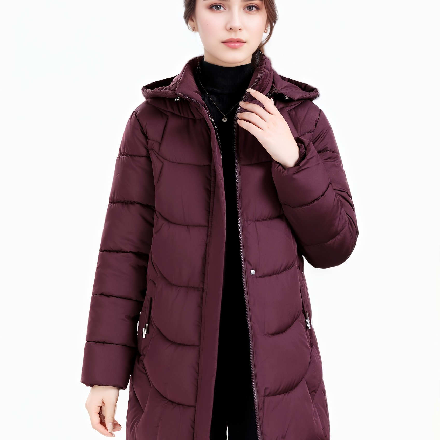 TEMU Women's New Autumn/winter Padded Long With Detachable Hood, Christmas Gift, Fashionable And Elegant Gift Jacket, Outdoor Padded Hooded Warm