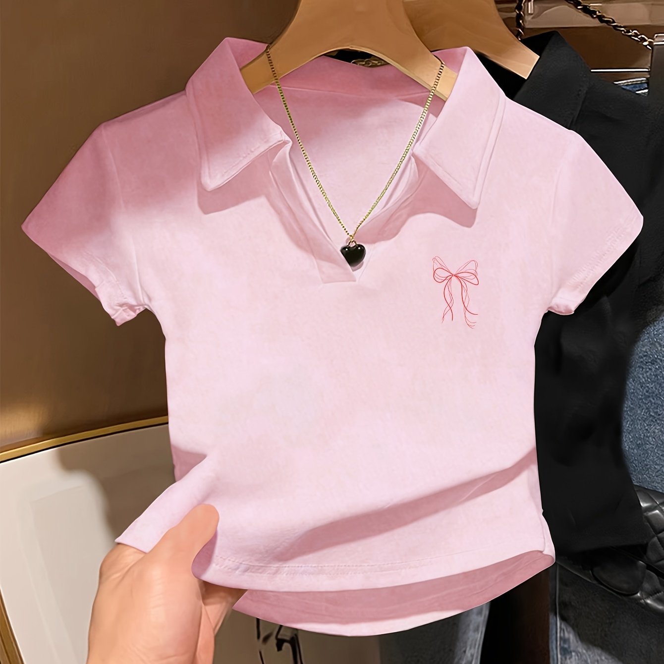 TEMU 2078--women's Fashion Trend Y2k Style Hot Collar Top And Thin Short 's Fun Cartoon Suitable For Casual Commuting Popular Chest Bow Print