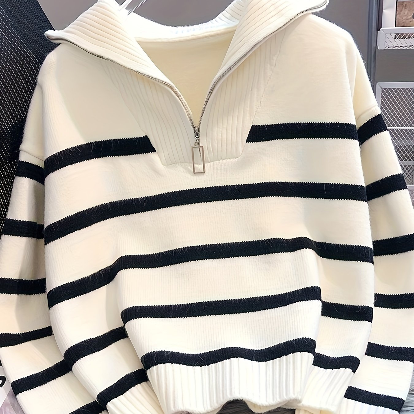 Image of Chic Striped Zip-up Sweater For Women - Cozy & Thick, Perfect For Spring/fall, Machine Washable