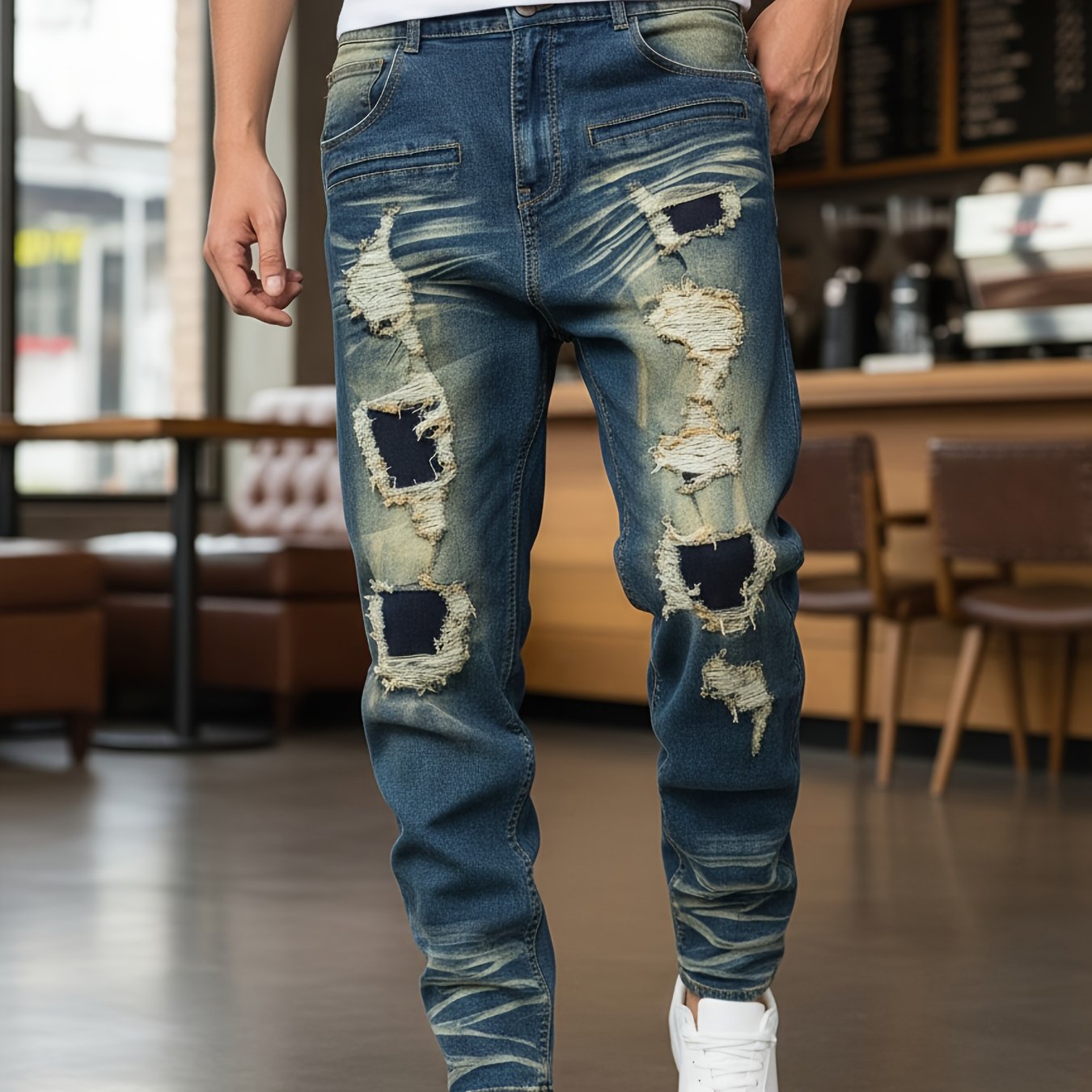 TEMU Jeans da stile a vita media, con vestibilit� affusolata, design trendy sbiadito e , con patch e tasche multiple. Realizzati in denim