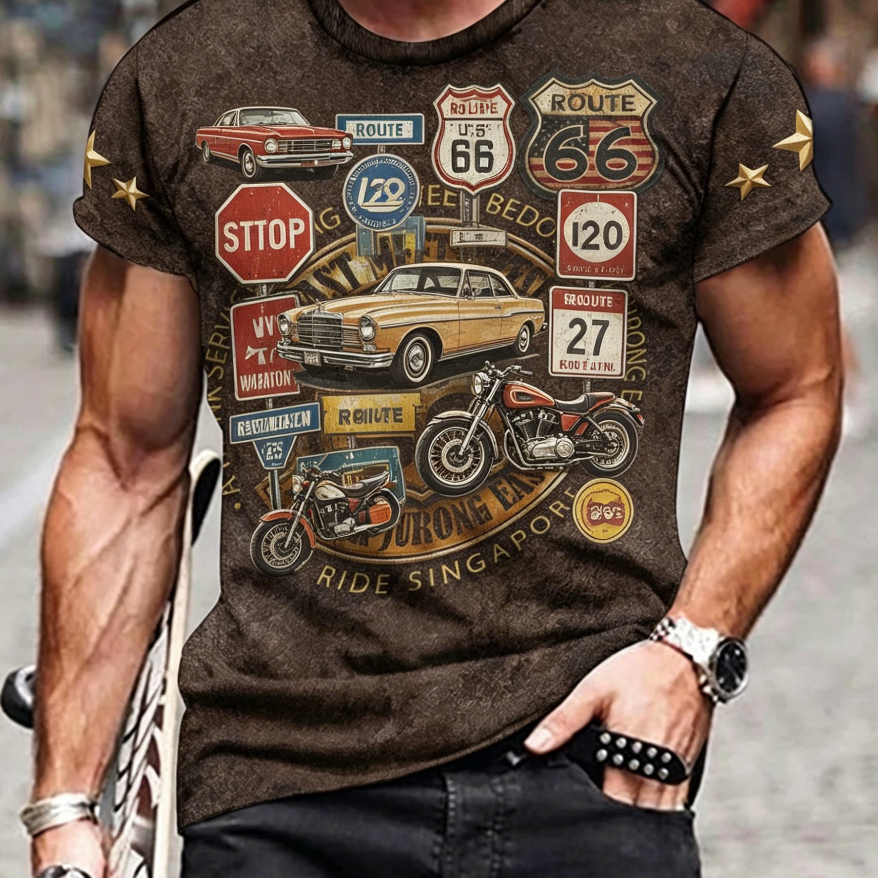 TEMU [printed Design â Not Textured] Highway Sign Classic Car Motorcycle Plus Size Men's Short Sleeve T-shirt, Plus Size Loose Fit Round Neck Casual