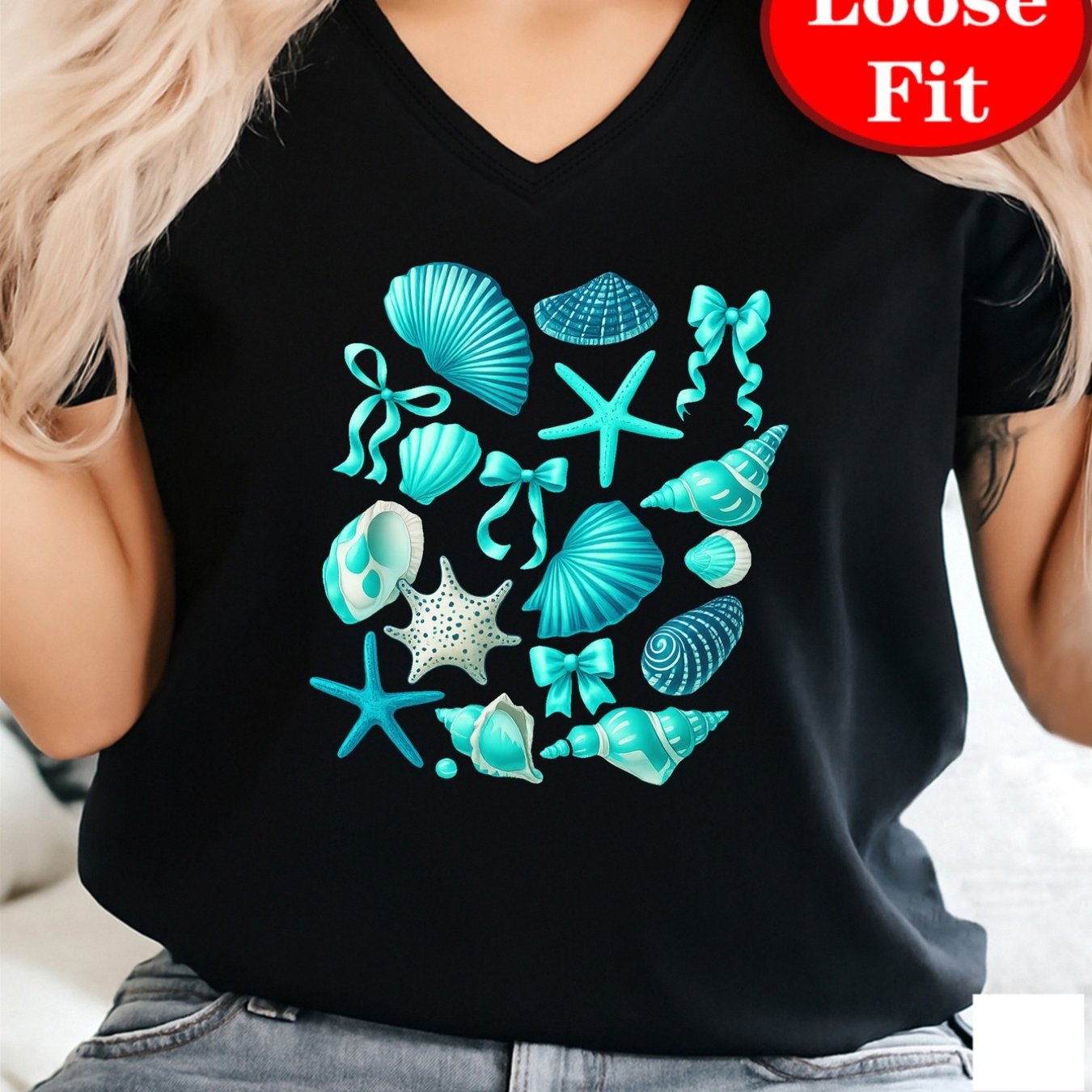 TEMU Ocean-themed, Shell Print, V-neck Short-sleeve T-shirt, Casual Top For Spring And Summer, Plus-size Women's Clothing