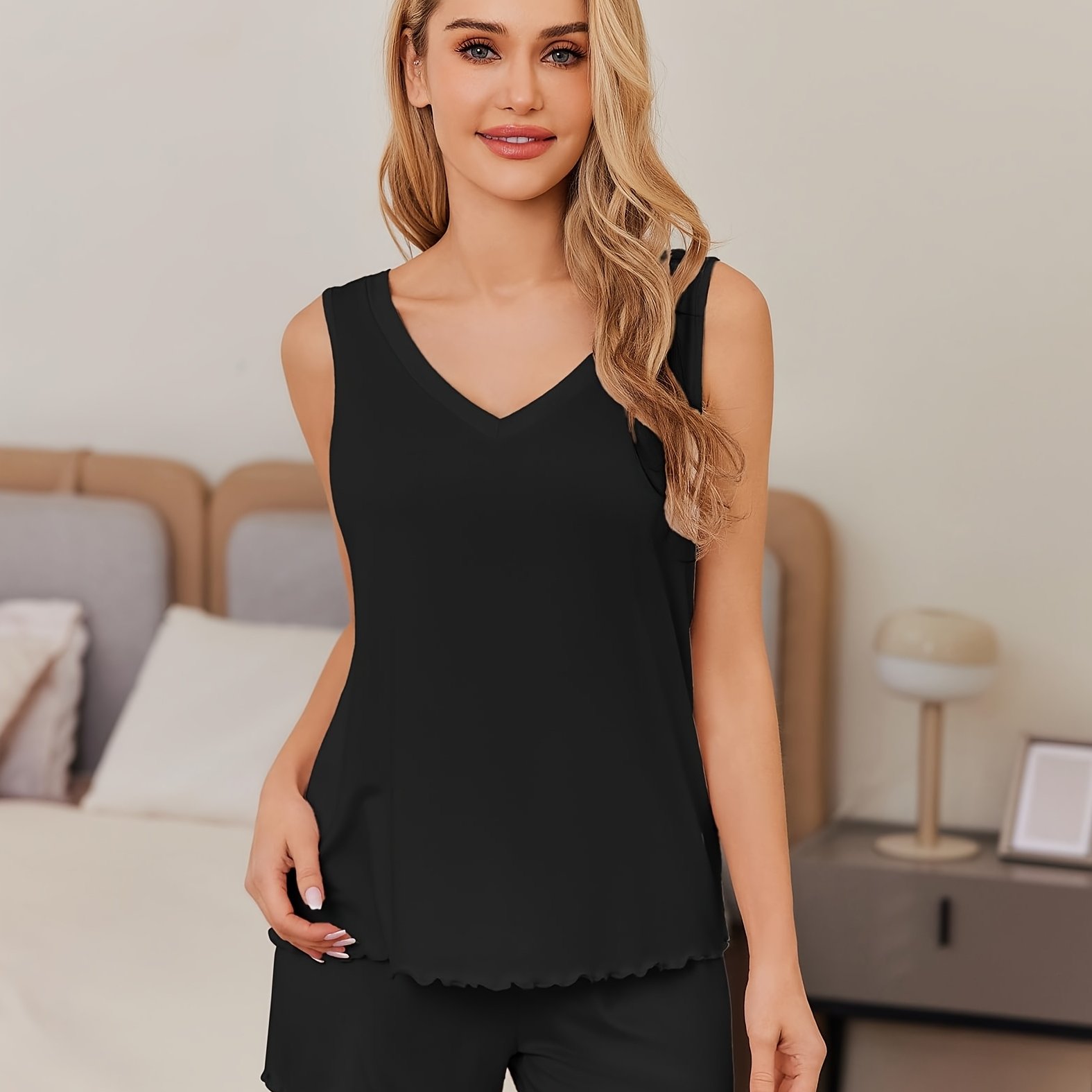 TEMU Solid Top With Lace Trim Shorts Women's Loungewear Sleepwear Set