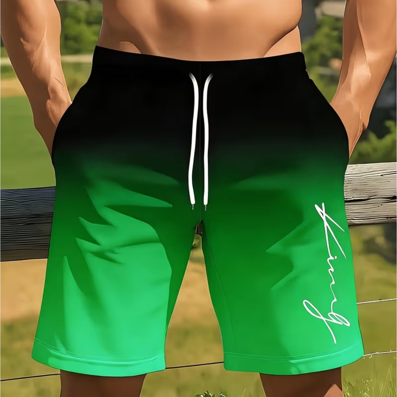 TEMU Men's Gradient Handwritten Signature Shorts - Loose-fit Knee-length Beach Swim & Basketball Pants, Dual-wear Suitable For Outdoor, Casual Wear,,
