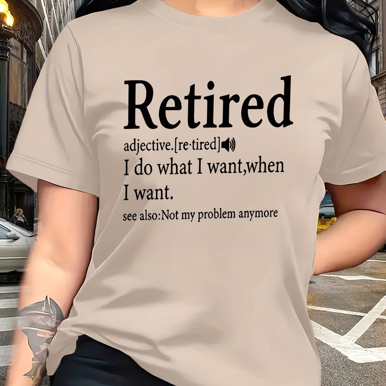 TEMU Women's Funny Retirement Definition T-shirt - "retired Suitable For " Short Sleeve Round Neck Casual Tee With Dictionary Print Humor, Machine