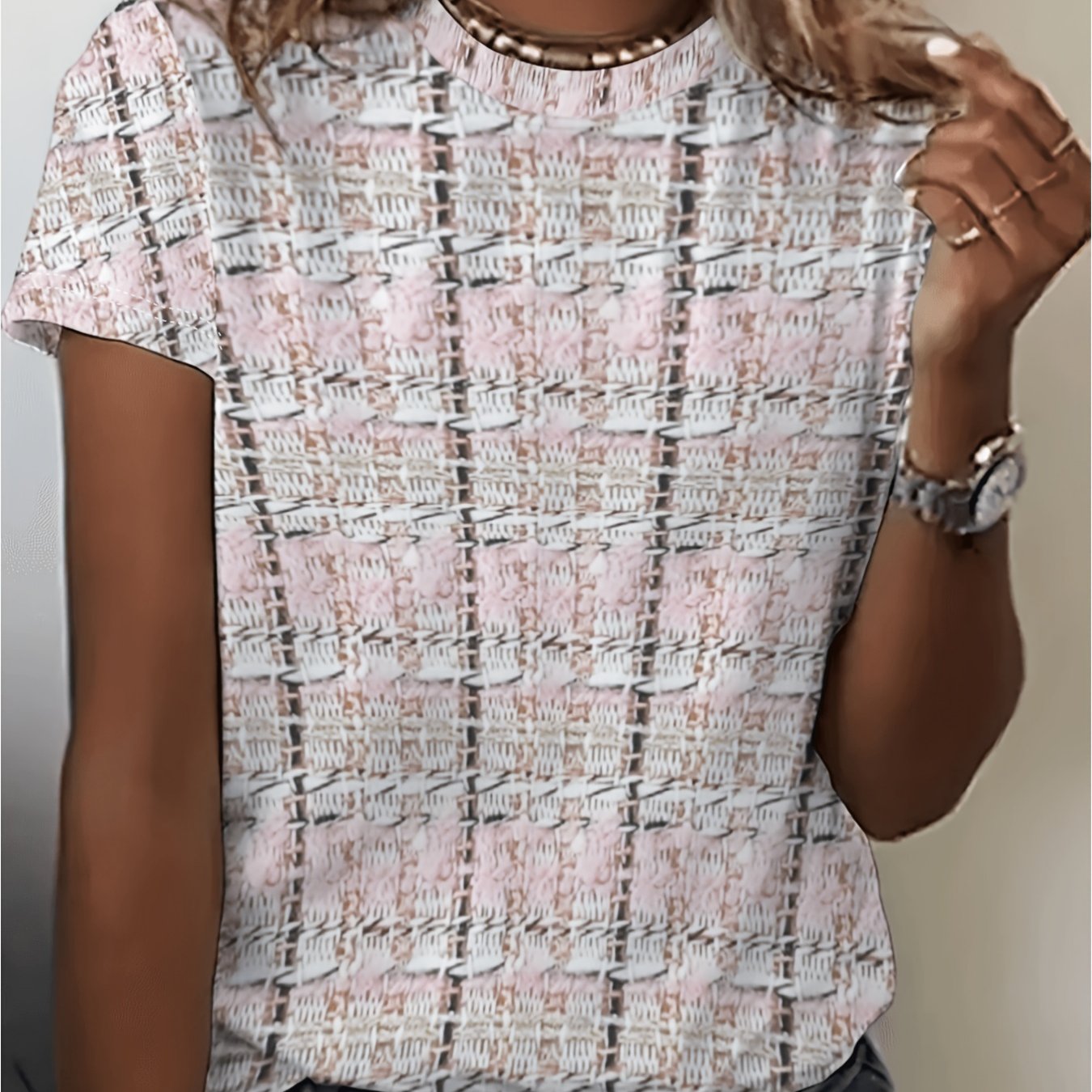 TEMU - Women's Fashion Short-sleeve Top, Plaid Art Print - [printed Design - Not Textured]