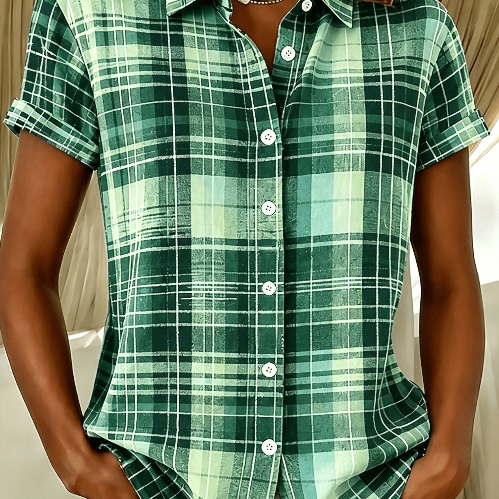 TEMU Vintage Color-block Green Short-sleeve Shirt For Women, Loose Lapel Blouse, Versatile Commuting And Casual Top