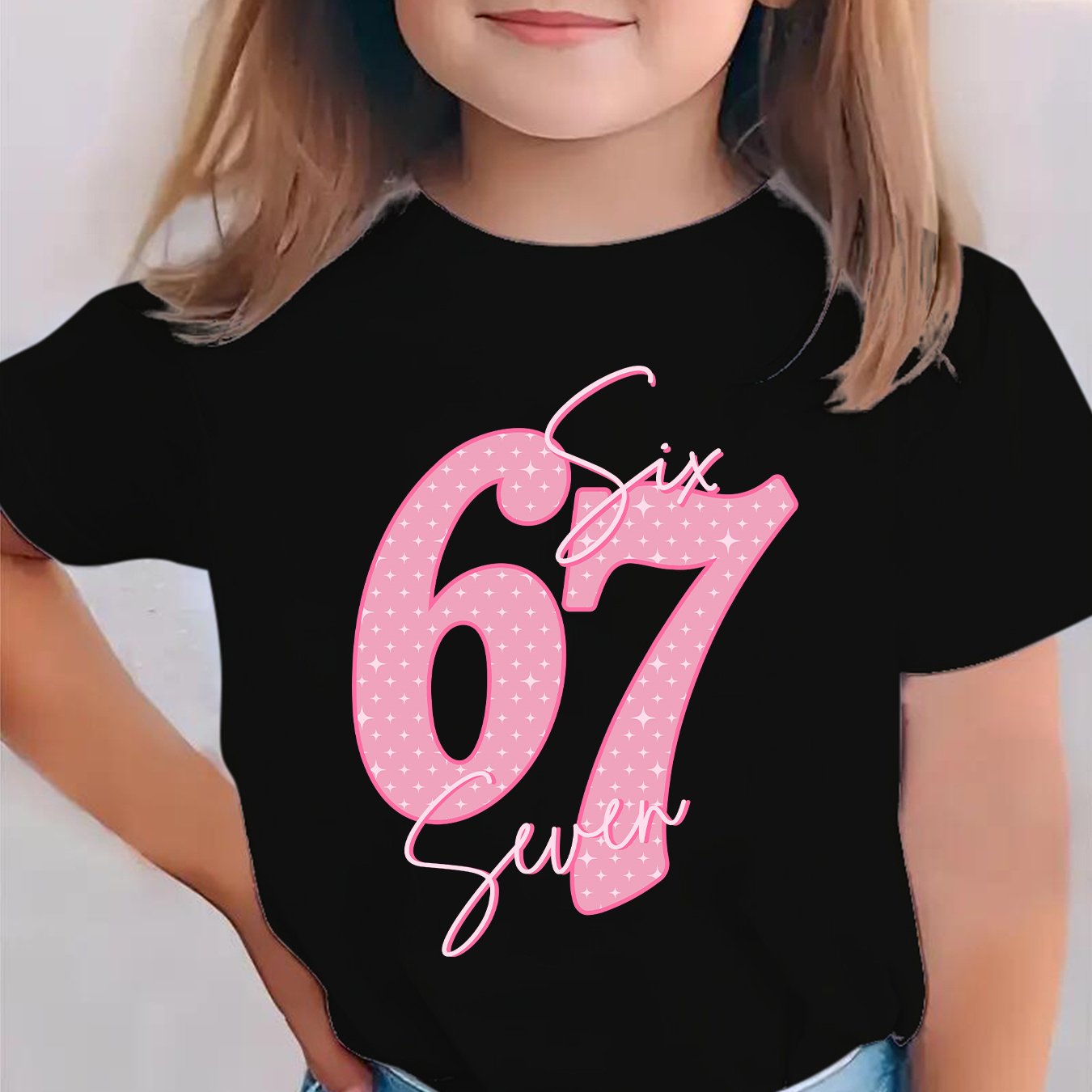 Image of Girls' "67" Number "67" T-shirt - 6th Party Outfit With Number "67" Print, Short Sleeve Round Neck Casual Summer Top For, Wear