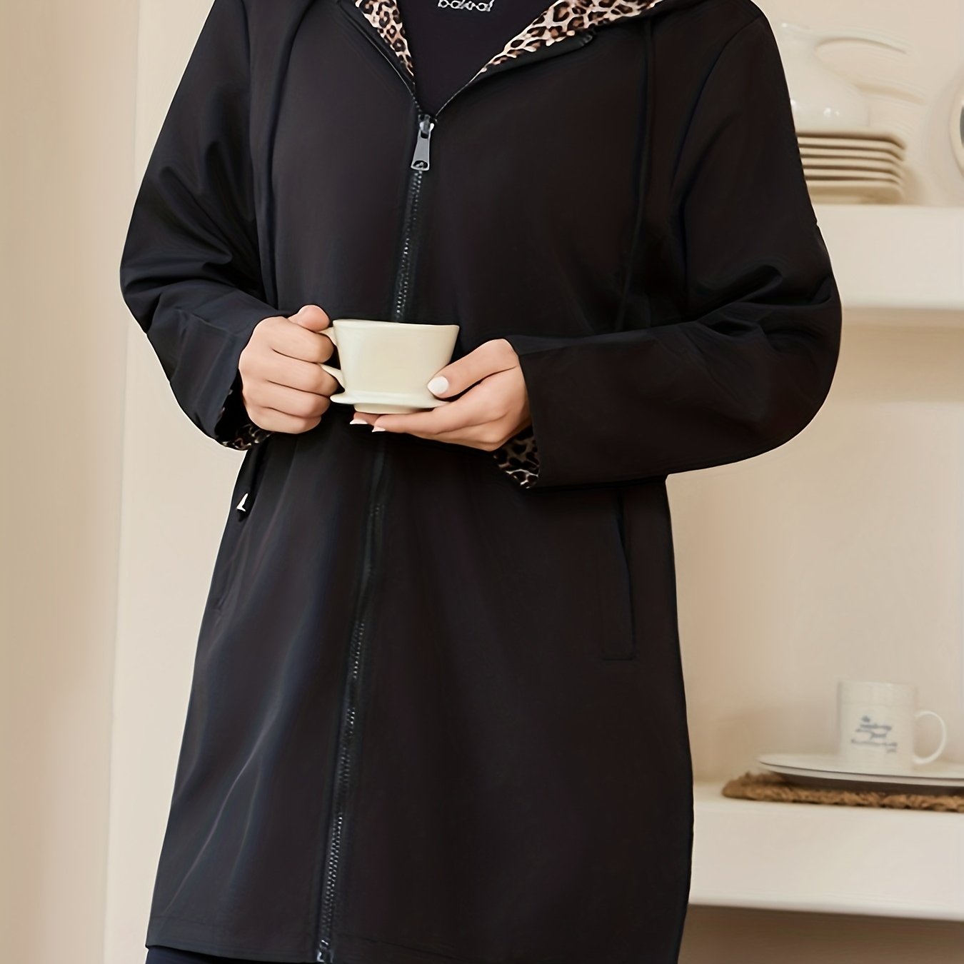 Image of Women's Reversible Jacket, Hooded Zipper Casual Long Jacket, And Leopard Print Fashionable Long Sleeve Women's Clothing, Adjustable Waistband, Machine Washable, Suitable For Spring And Autumn Wear