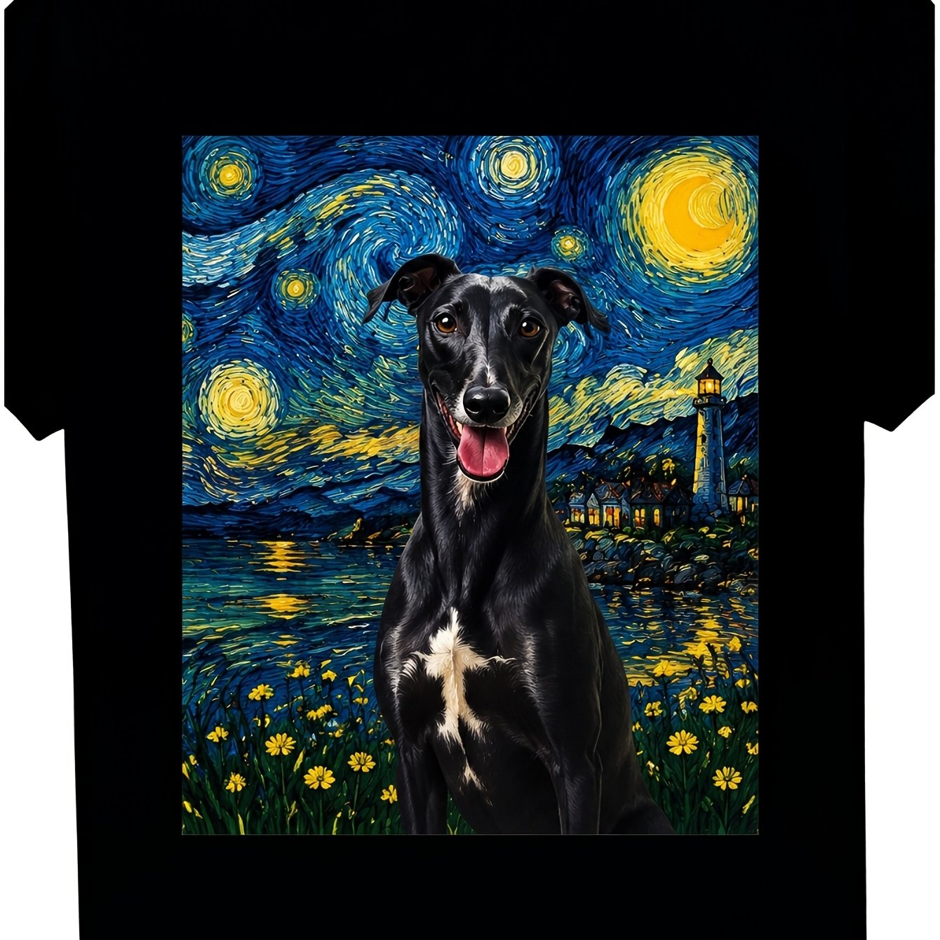 Image of Men's Van Gogh Starry Night & Greyhound T-shirt - Bohemian Style Dog Lover Gift, 100% Short Sleeve Round Neck Tee Suitable For Christmas, Halloween Presents, Casual Apparel
