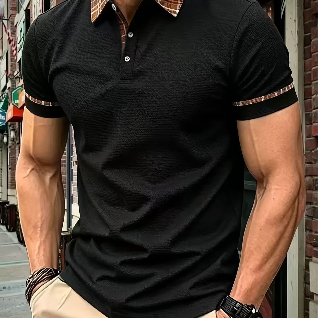 TEMU Men's Color-block Collar Short-sleeve Shirt, Casual Commuter Short-sleeve T-shirt, Versatile Black Top