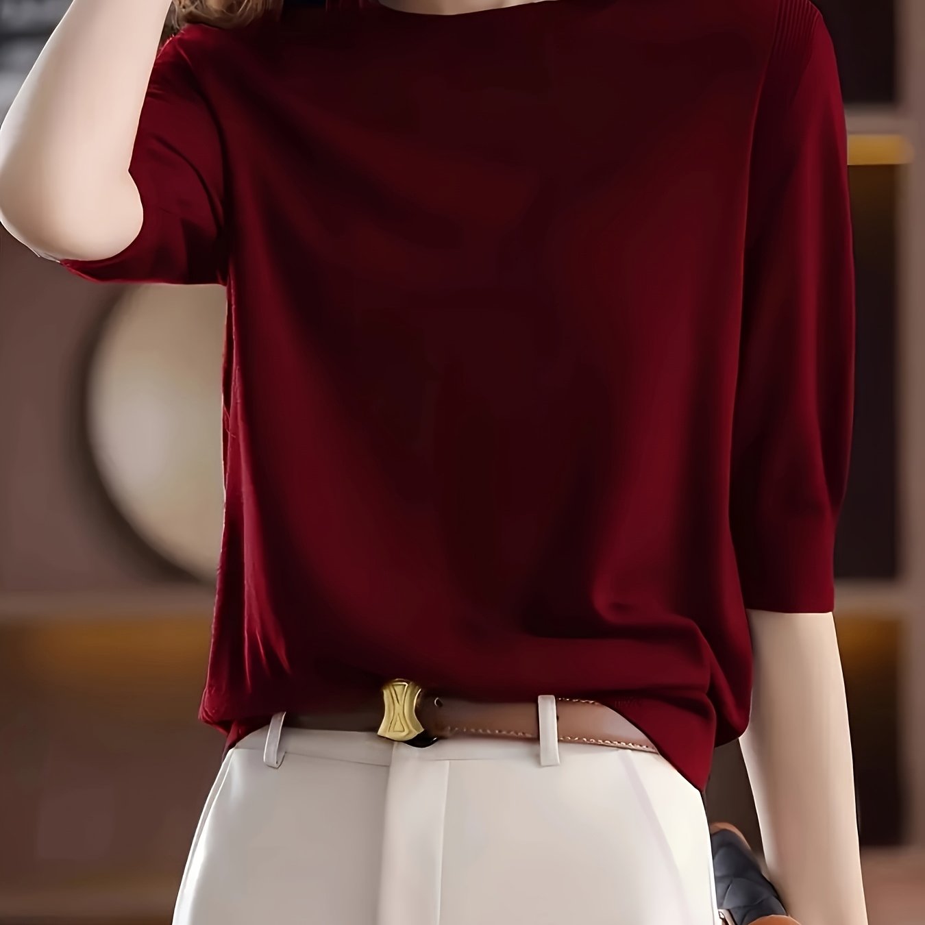 TEMU Bk042106 Elegant Women's Top, Round Neck, Three-quarter Sleeves, Suitable For Spring And Autumn, With Five-point Sleeve Design