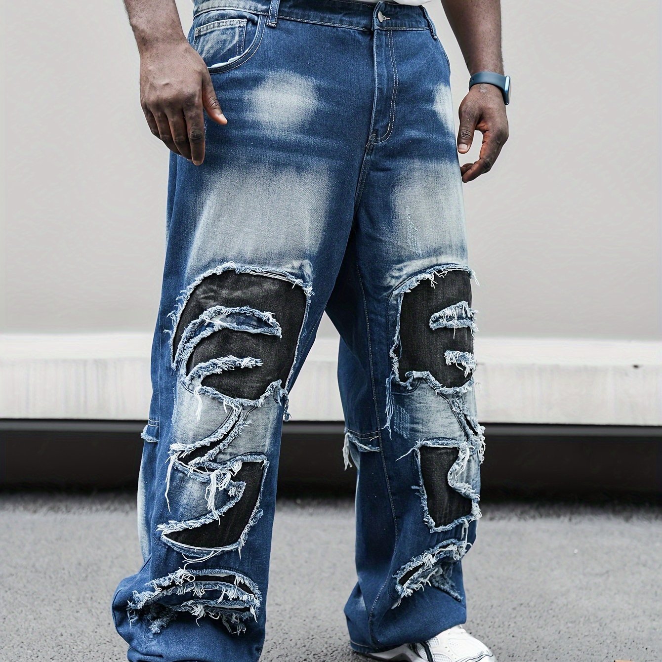 Men's Plus Size Casual Denim Jeans, Geometric Pattern , Loose Fit Straight Leg, Non-stretch Fabric, Washed Solid Color, - #td3026, Plus Size Jeans, Plus Size