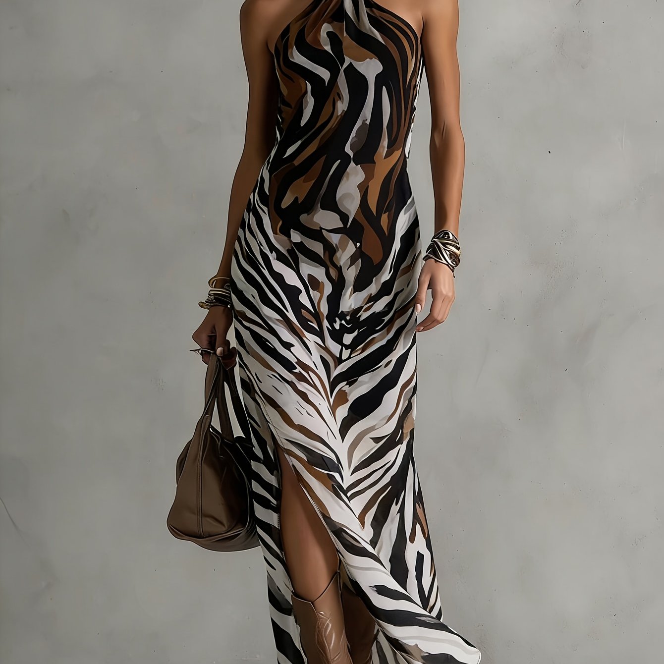 Women's Summer Elegant Multicolor Zebra Print Halter Neck Off-shoulder Sleeveless Chiffon Dress, Open Back Split Hem Maxi Dress