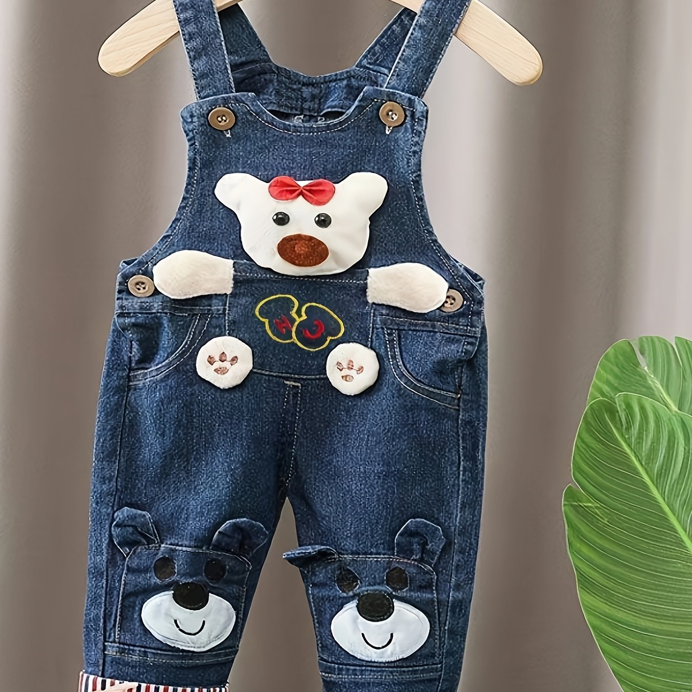 Image of Boys' And Girls' Infant Navy Bear Pattern Adjustable Shoulder Straps Open-crotch Washable Denim Overalls Denim Jumpsuit Overalls Suitable For Outdoor Wear, Perfect For Outdoor