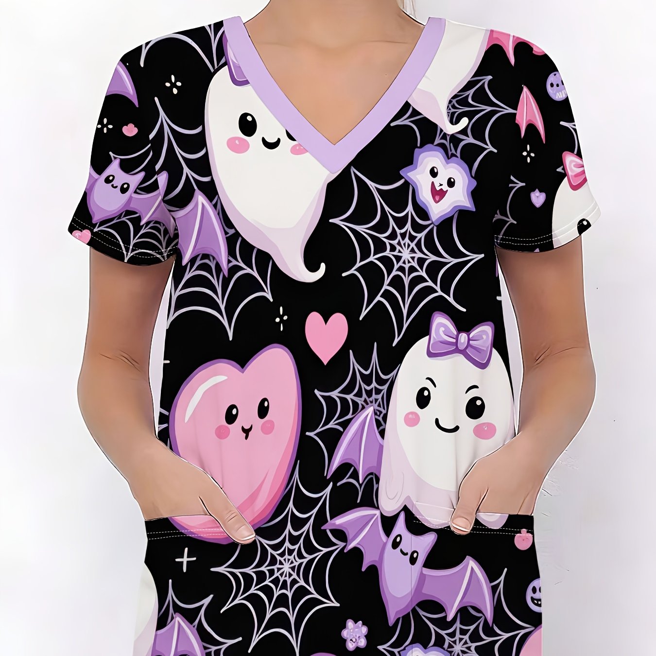 TEMU Plus Size, Plus-size Women's V-neck Short-sleeve Uniform Blouse Style Suitable For Beauty Salons, Dental & Pet Grooming Shops - -dry