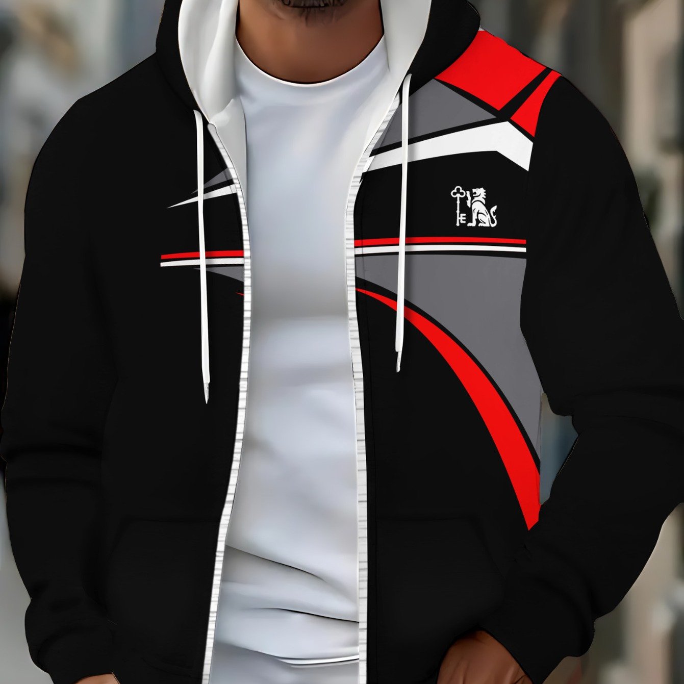 TEMU Restaurant Polyester Hoodie, Black With Red And Gray Stripes, Lightweight And , Suitable For Indoor Activities, , Stylish And Modern Appearance,