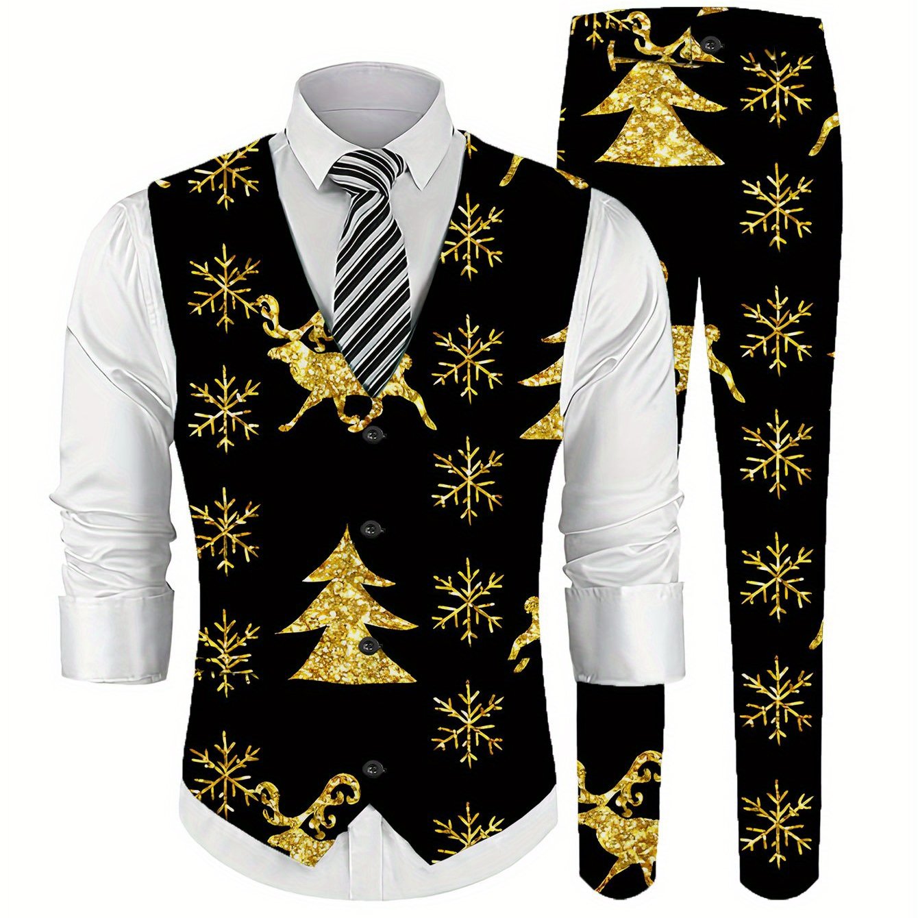 TEMU Men's Fashion 2pcs Vest And Dress Pants Set, Black Background With Golden Glitter Elements, Christmas Theme Style, Men's Vest And Trousers Suit,