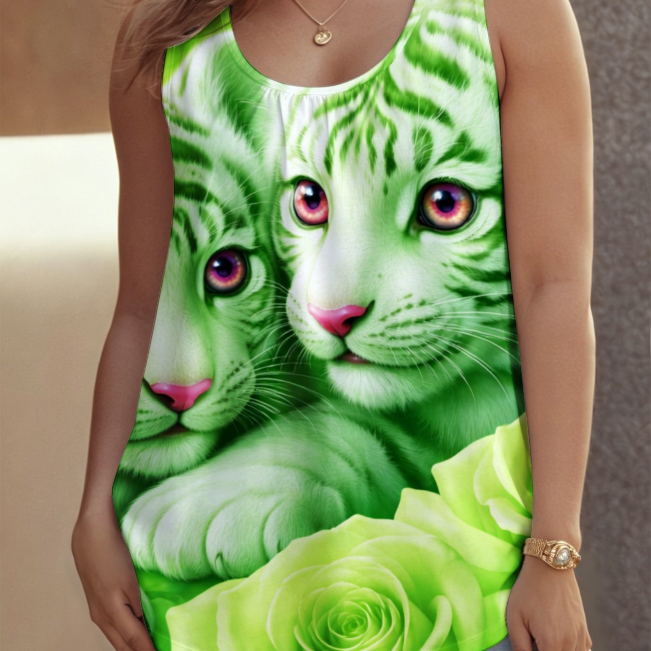 Image of Plus Size - Women's Plus Size Crew Neck Sleeveless Tank Top, Sizes 0xl-9xl Roses Stretch Suitable For , Beach And Travel, Stylish Sexy Outfits For Women