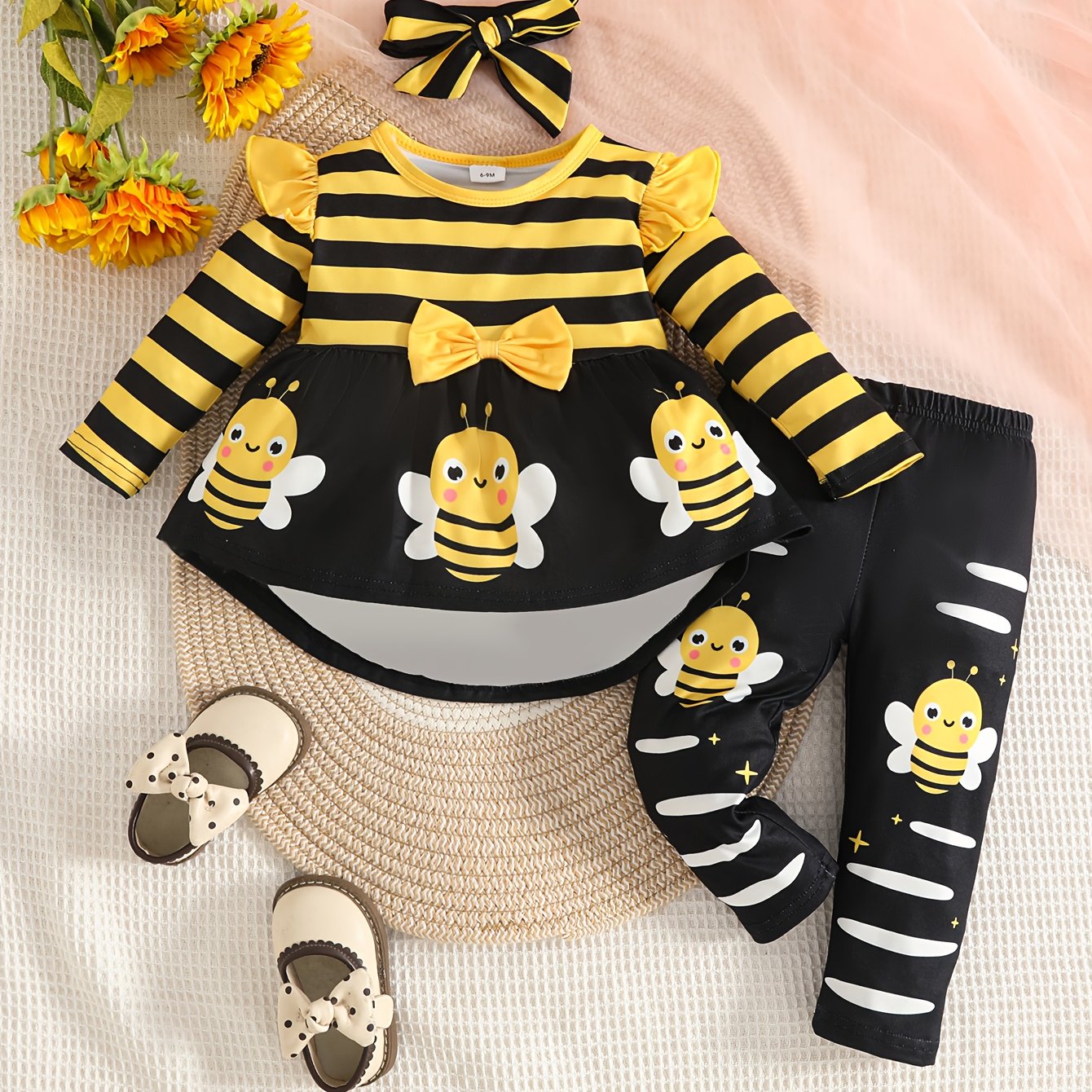 Image of 's 3pcs Bee Outfit Set - Long Sleeve Dress & Leggings With Headband, Adorable Bee, Machine Washable Clothes For Photo Shoots, Birthday Party, Casual Attire - Fall/winter Clothes, Perfect For Outdoor