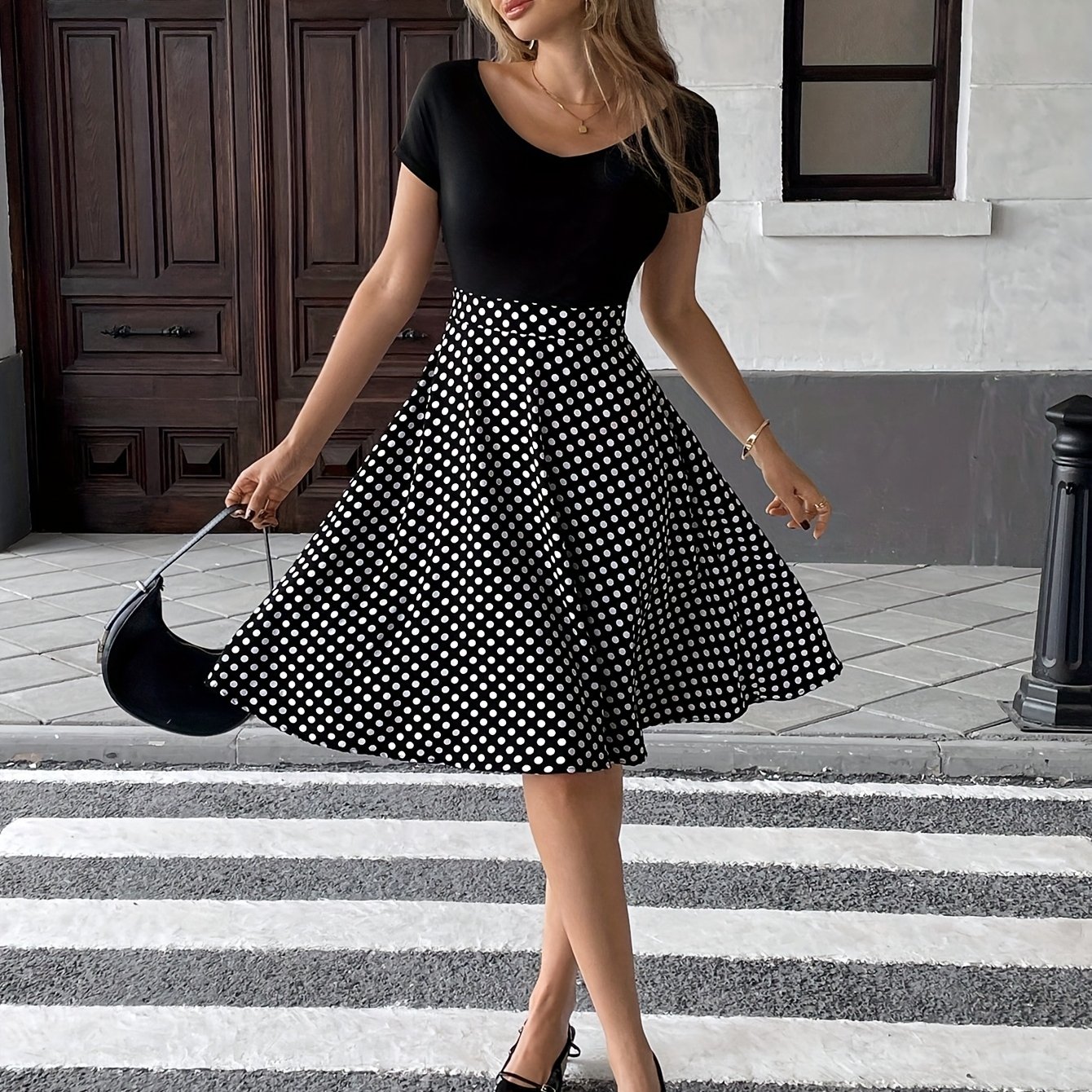 E-shop Französisches Mini-Kleid mit Punkten & A-Linien Schirmrock - Kurzes A-Linien Kleid geeignet für Partys, Hochzeiten, - Maschinenwaschbares