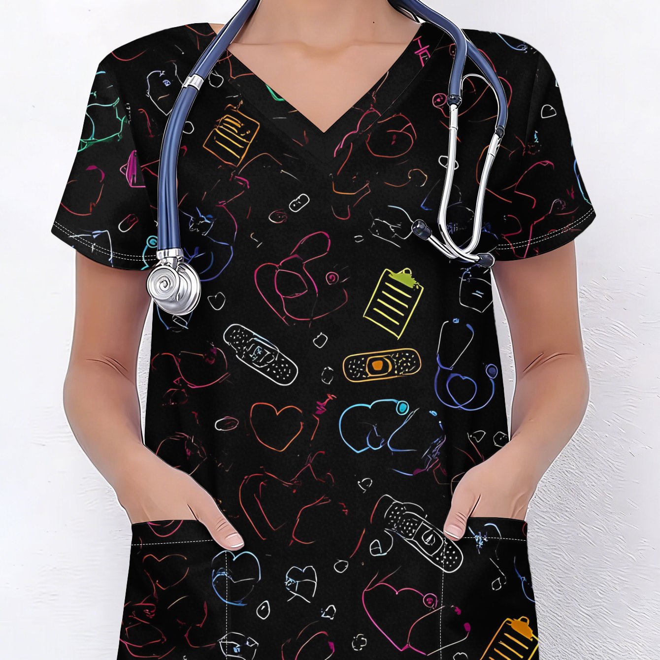 TEMU Uniforme de enfermera de manga corta para mujer con estampado temático de y estetoscopio, ropa de trabajo cómoda