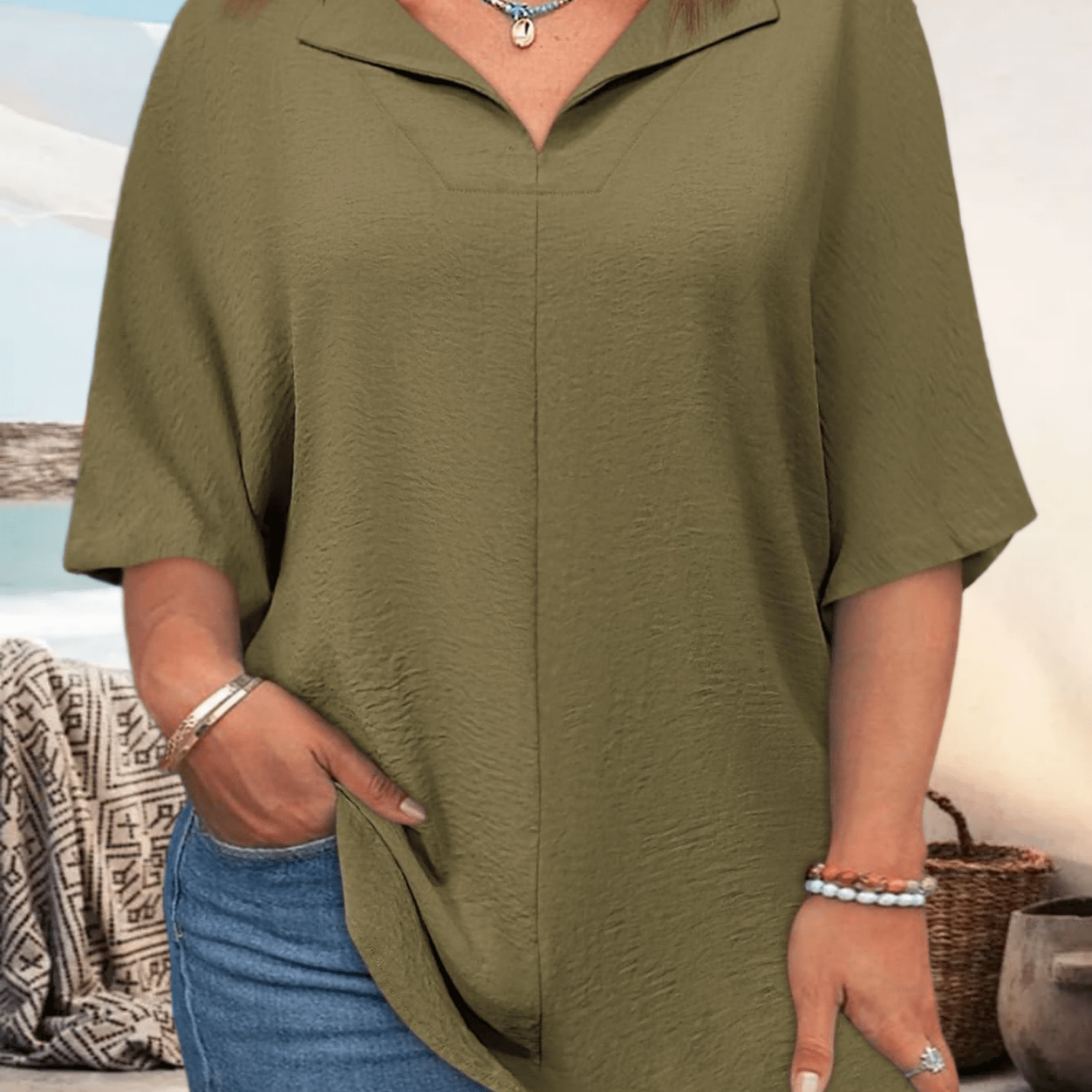 Image of Plus Size, Women Plus Size Tops Short Sleeve V Neck Tee Summer Loose Fit Casual Tunic Blouse