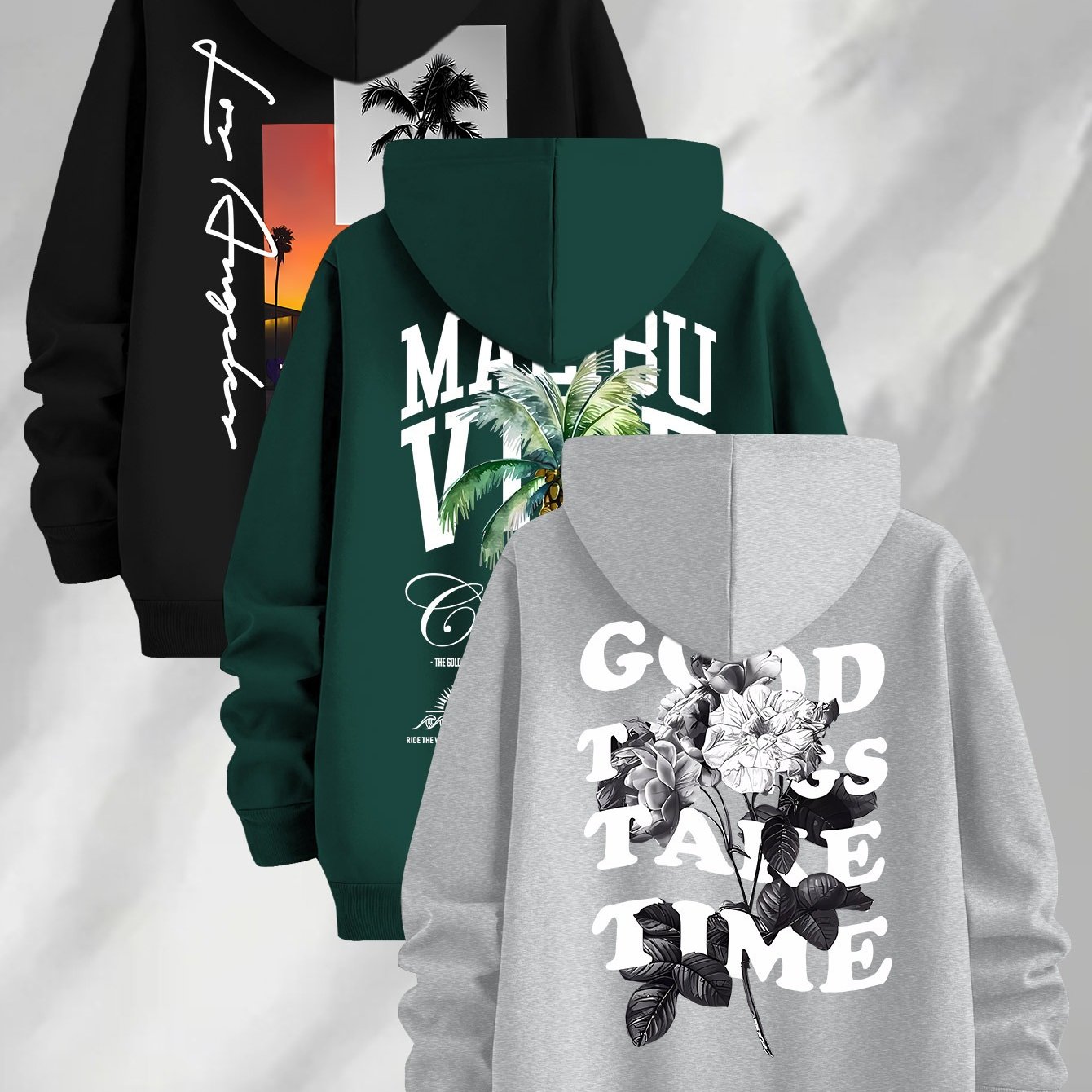 E-shop 3er-Set Trendige Print-Sweatshirts, Herren Kapuzenpullover, Langarm-Pullover, Leicht Dehnbar, Gestricktes -Gewebe, Regular Fit Herren Hoodie