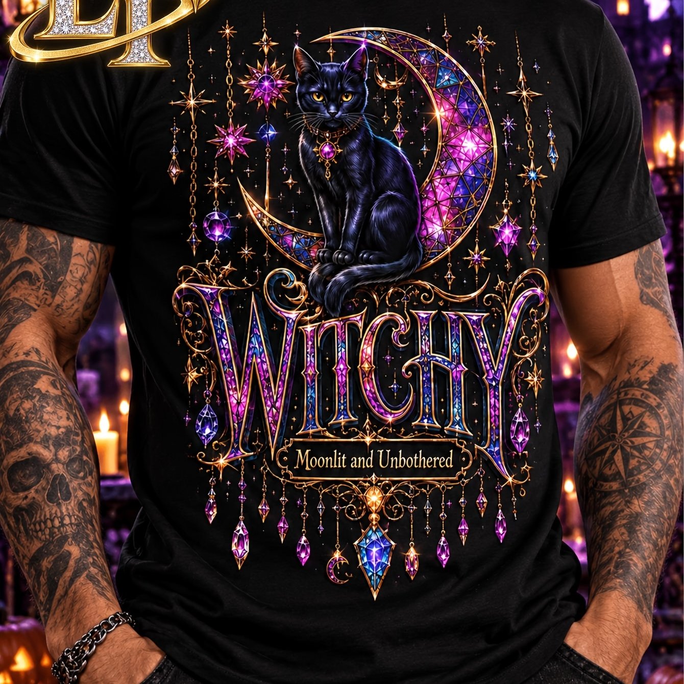 TEMU Men's Gothic Cat Crew Neck T-shirt, 180g 100%, S-3xl, Breathable Short Sleeve Tee, Witchy Potion Graphic, Halloween Back-to- 's Loungewear Top