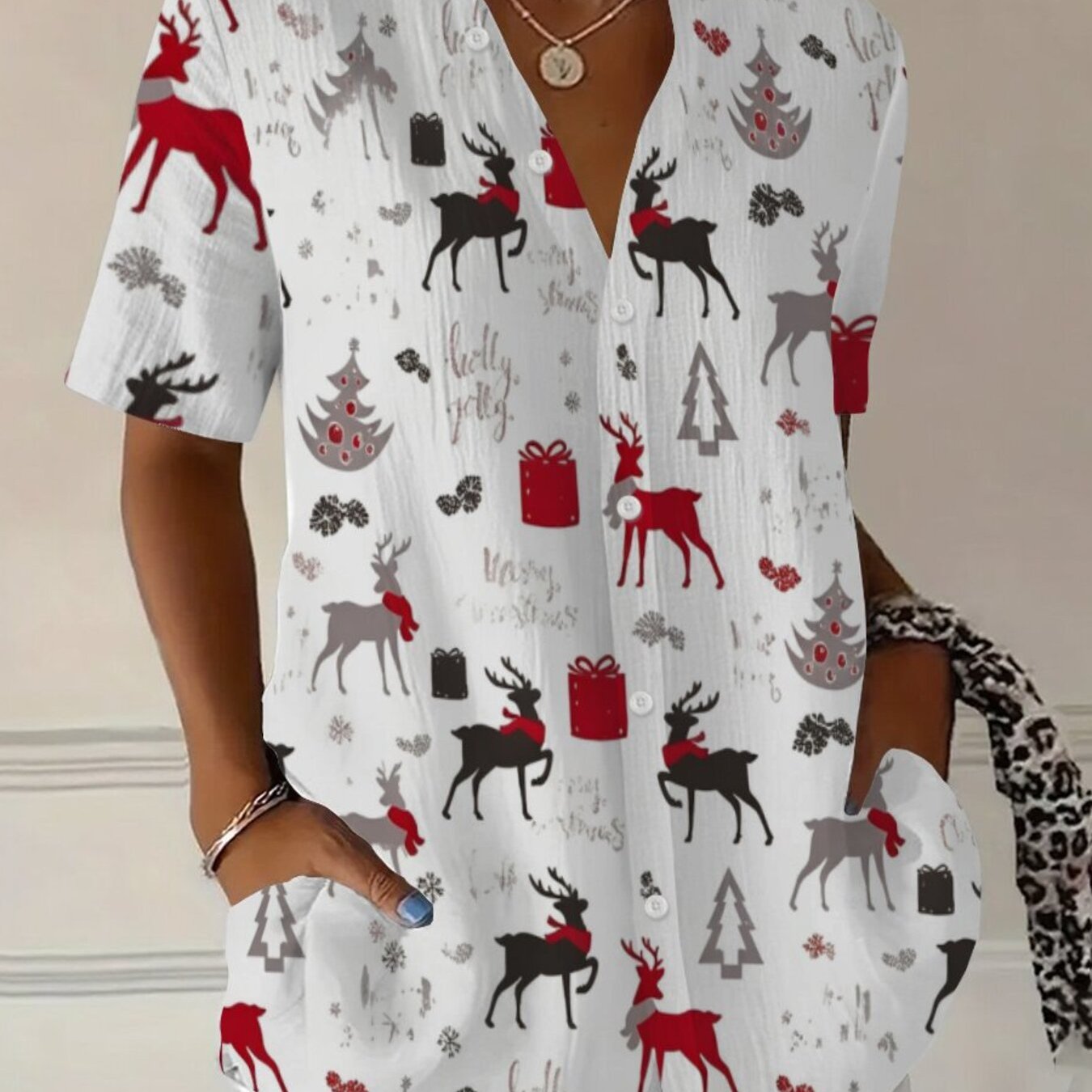 TEMU Summer Plus Size Women' Background Christmas Reindeer Christmas Tree Print Short Sleeve Shirt, Casual Commute Beach Vacation Loose Casual