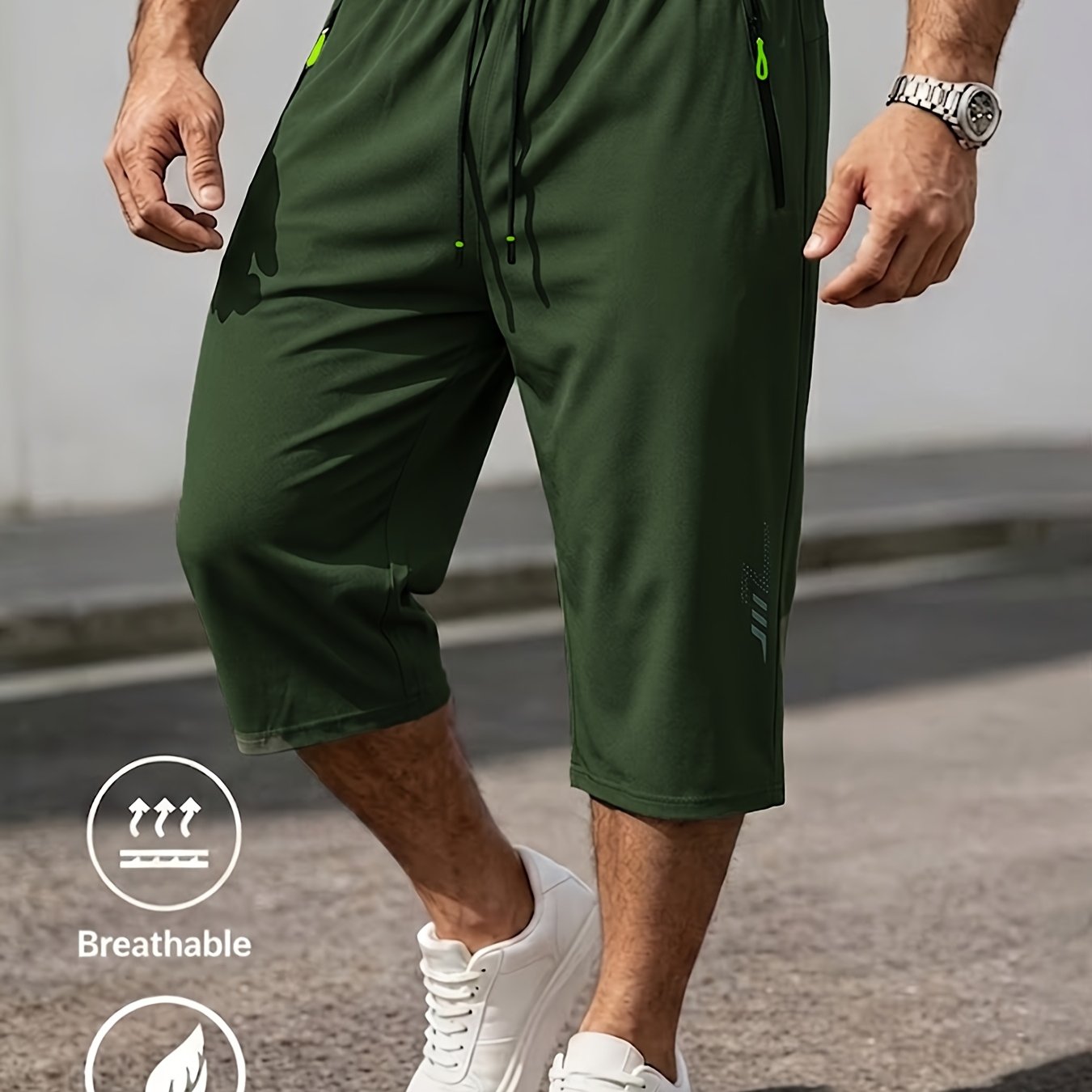 TEMU Summer Men's Plus Size Casual Athletic Capri Pants, Extended Size And Length - Breathable Quick-dry Fabric - Zipper Pockets/suitable For Sports,
