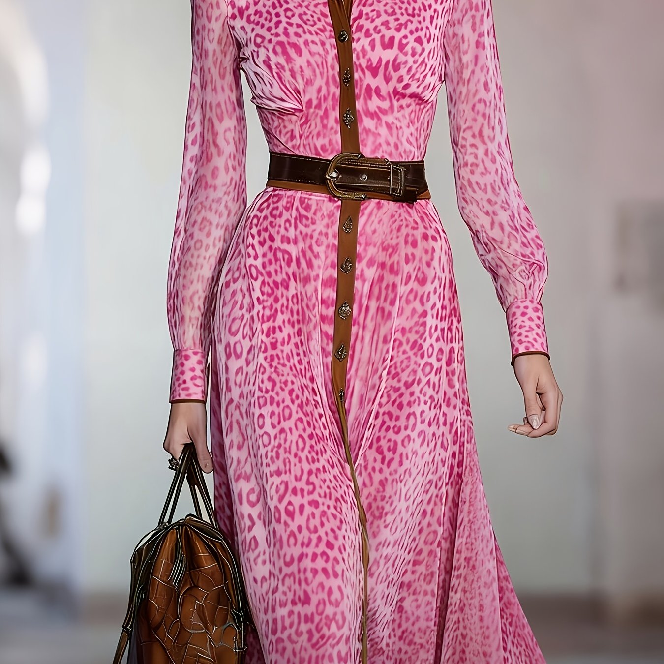 Image of [no Belt] Women's Fashion Printed Collared Long Dress, Elegant And Stylish Outfit