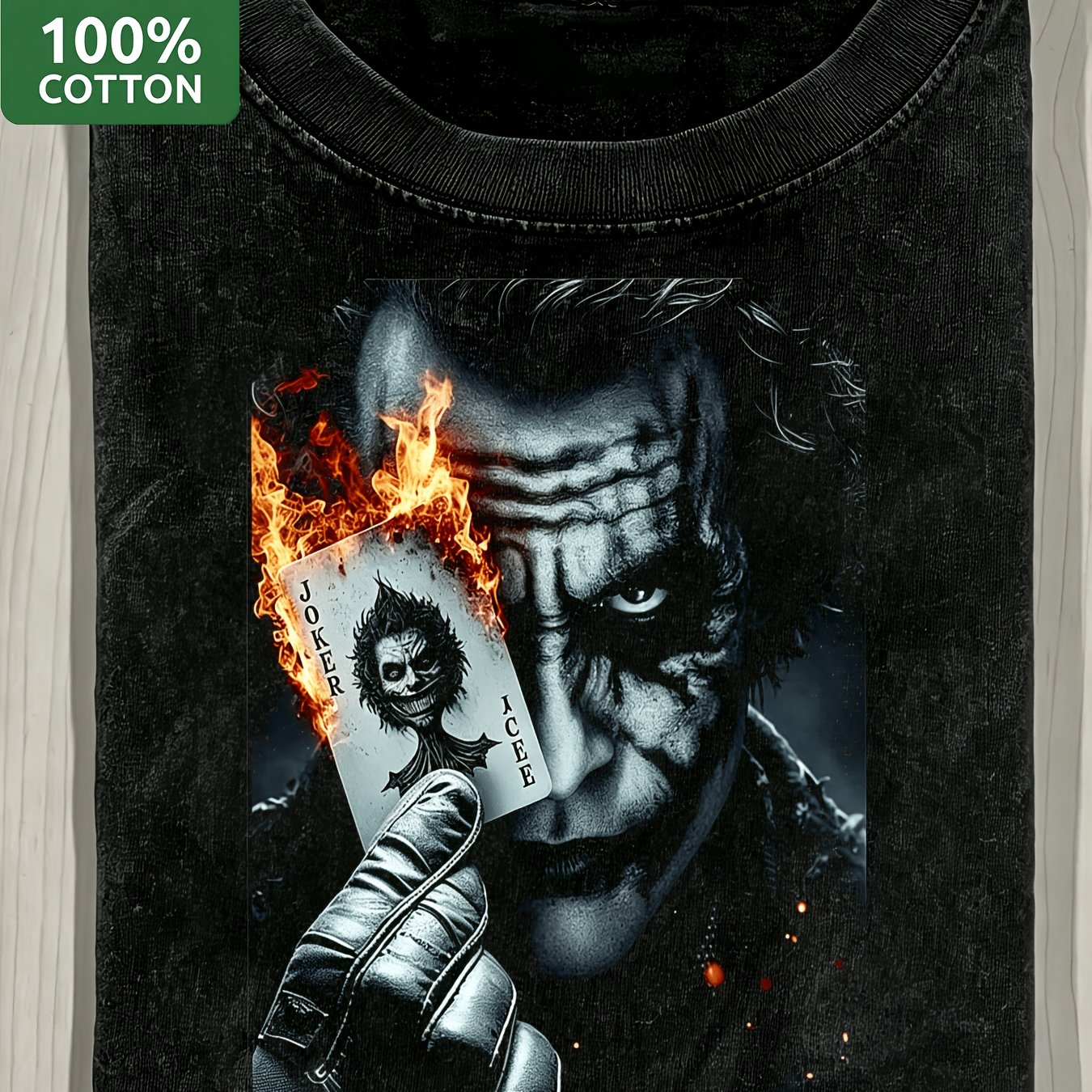 TEMU Men's Heavyweight 270gsm Cotton T-shirt With Joker Burning Poker Card Print - Vintage Washed Black Tee Suitable For Streetwear, Villain