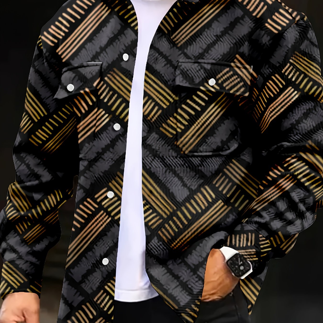 Casual Button- Long-sleeve Shirt For Men Featuring 2 Chest Pockets