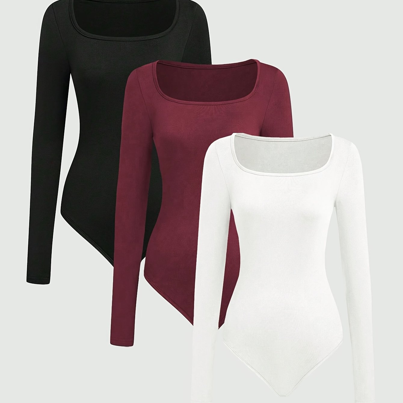 E-shop 3er-Set Quadrat-Ausschnitt Bodysuit, Damen Casual Sport Langarm 1er-Stück Jumpsuit