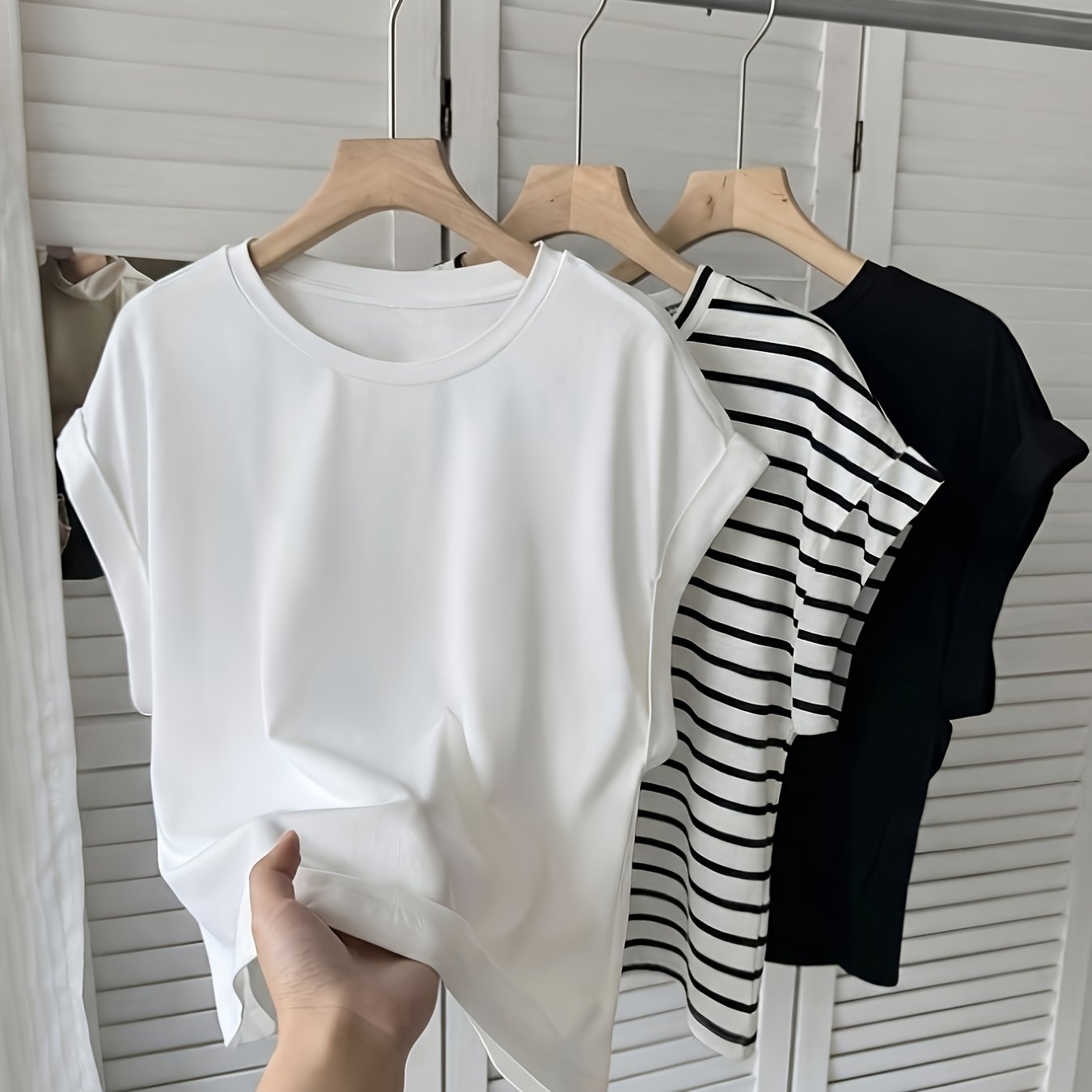 TEMU Ensemble 3 pièces pour femmes, style décontracté et tendance, col rond épaules dénudées, manches courtes, couleurs mélangées