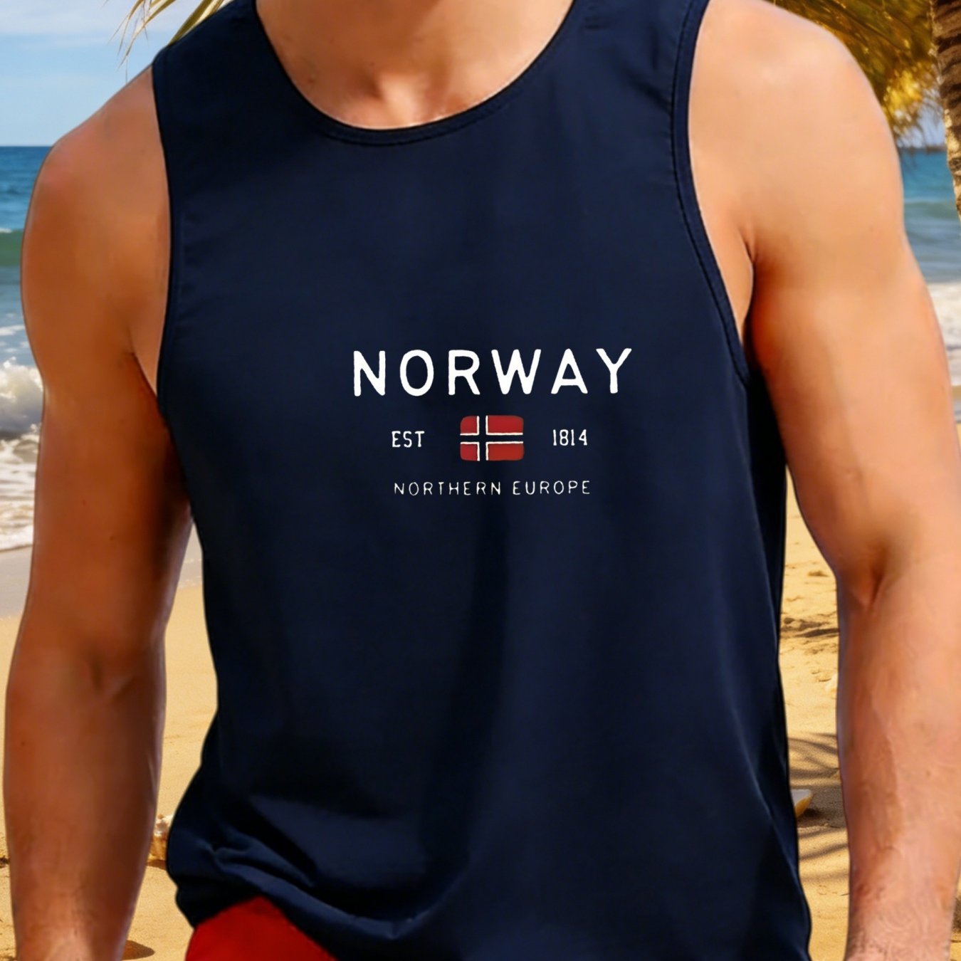 TEMU Men's Quick-dry Mesh Tank Top Sleeveless Shirt - Moisture-wicking Breathable Norway Print Design, Non-stuffy Round Neck Athletic Shirt Suitable