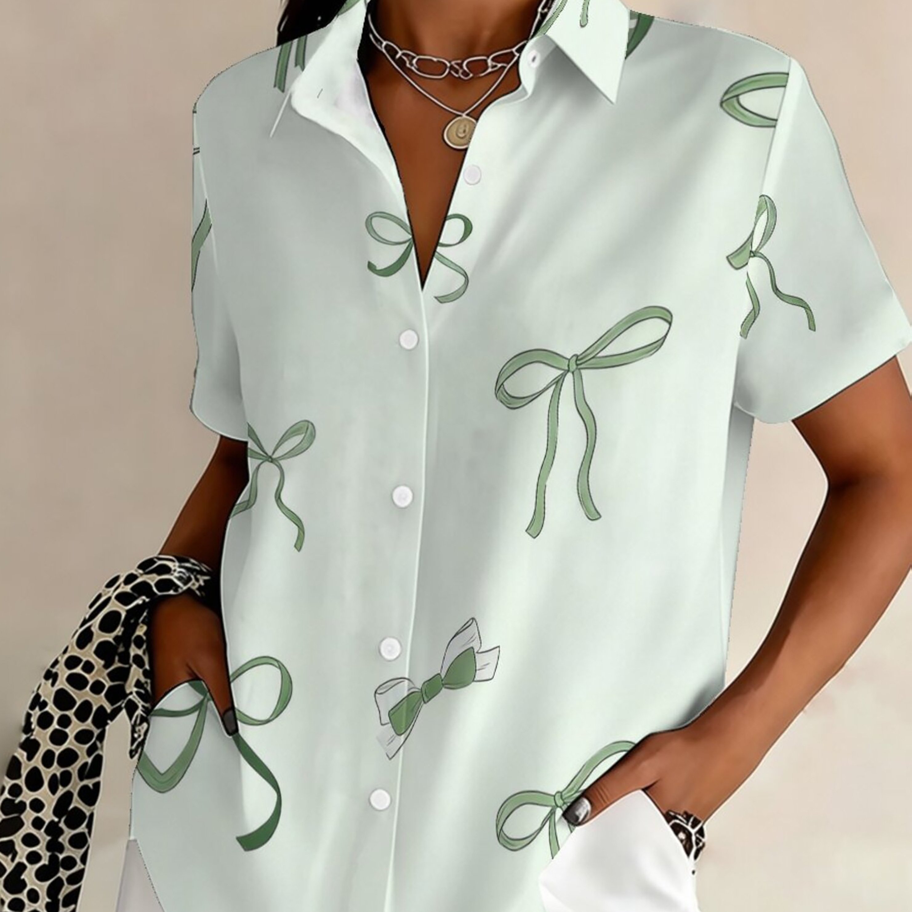 TEMU Plus Size, Women's Plus Size Short Sleeve Blouse - Short Sleeve Button-front Lapel Collar Shirt With Bowknot Print, -line Casual Summer For Plus