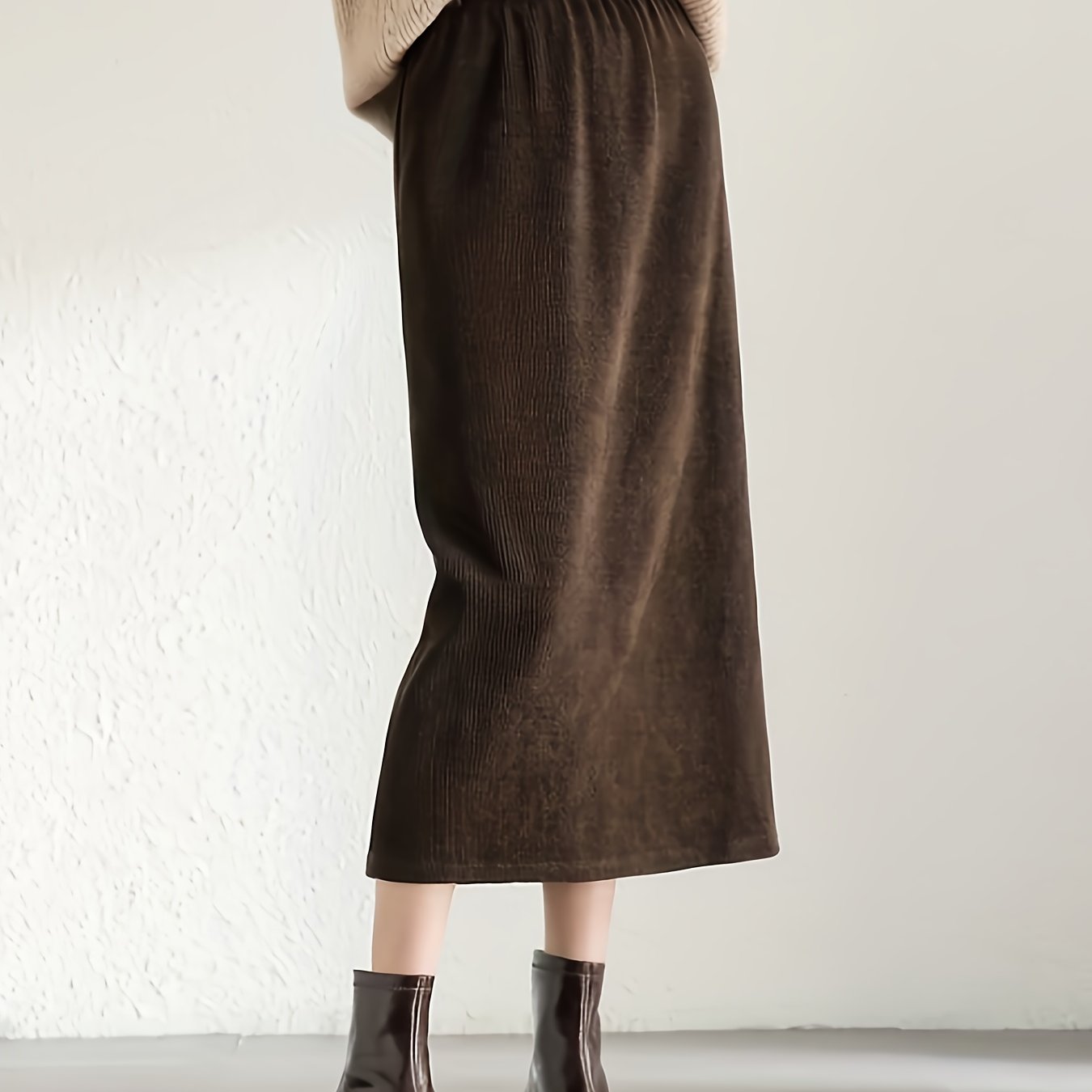TEMU Corduroy Solid Color Skirt For Women, Commuter Elastic Waist Midi Skirt, High-waisted Straight-cut Skirt