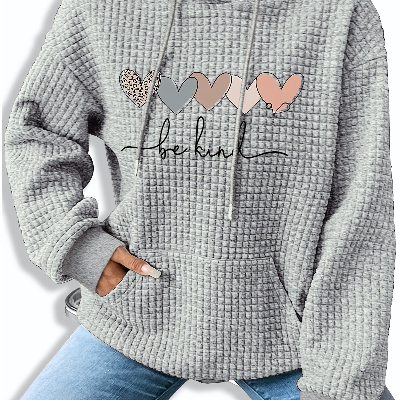 TEMU Graphic Print Solid Waffle Kangaroo Pocket Hoodie, Casual Long Sleeve Drawstring Hoodies Sweatshirt, Women's Clothing