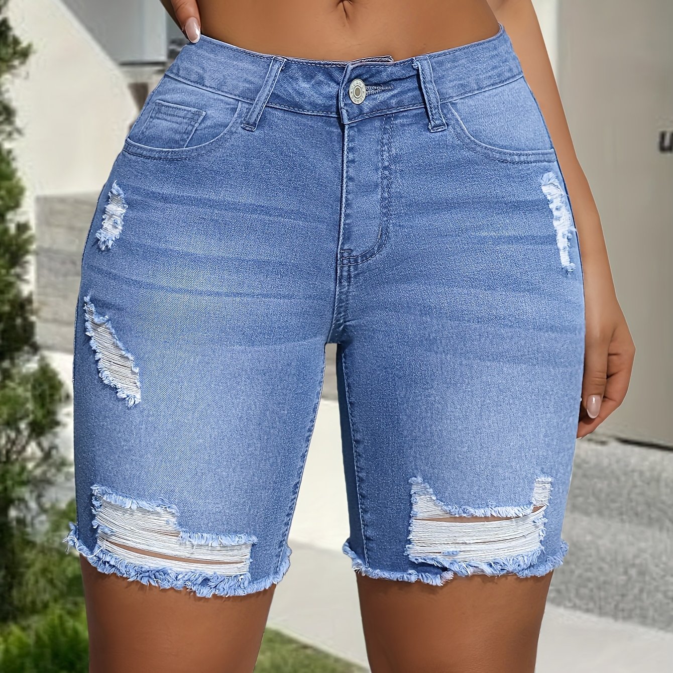 Image of Women's Denim Mid-shorts, Fashionable High-waisted, Elastic, Casual, Blue, Frayed Hem, Ripped, Slim-fit Summer Denim Mid-shorts