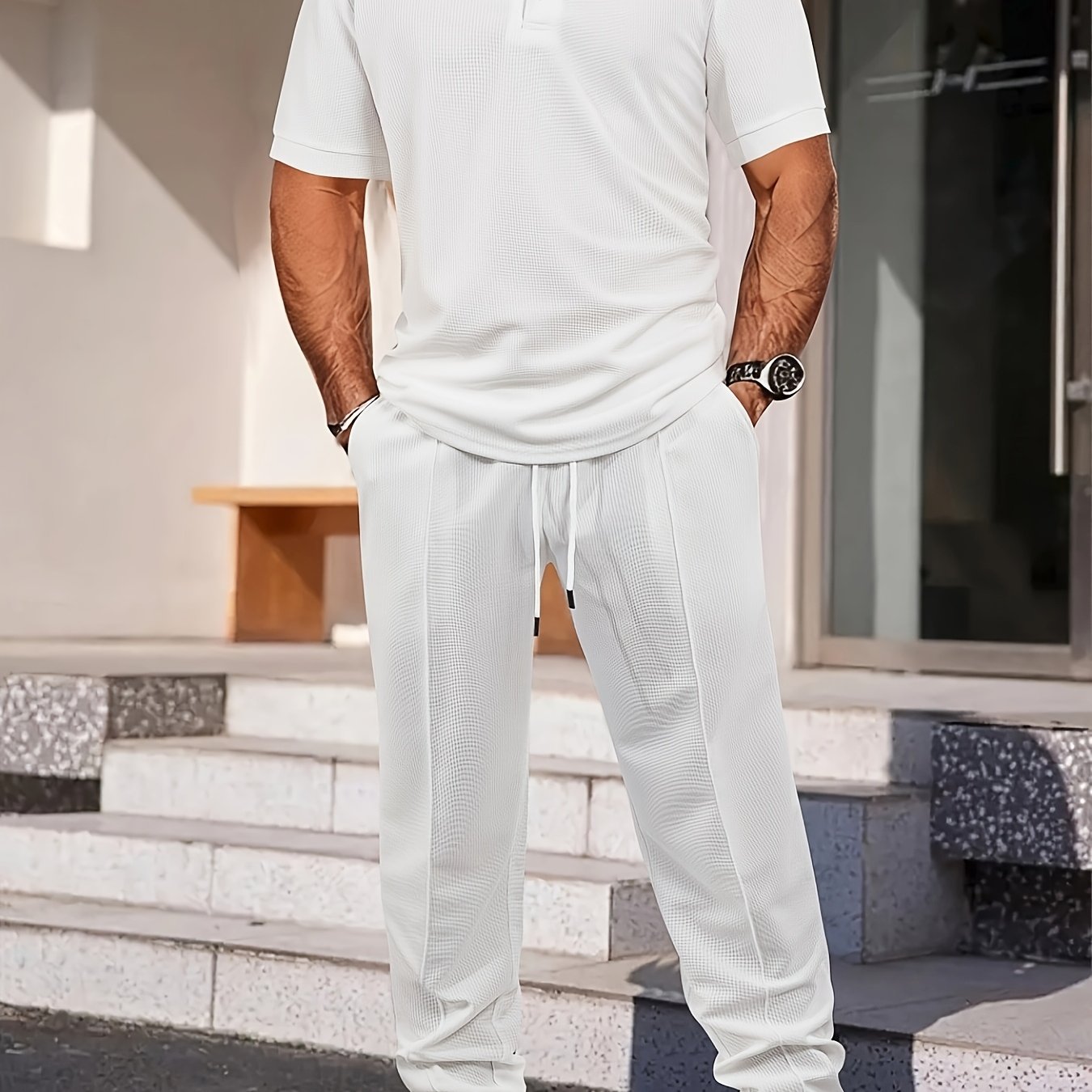 TEMU Men's Waffle Casual Suit Top Short Sleeve Collar Shirt Bottom Leisure Pants Comfortable And Clean Suitable For Spring And Summer Wear