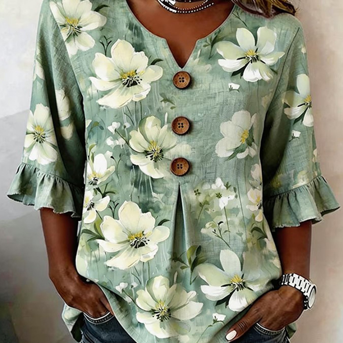 Women's V-neck Button-up Floral Print Blouse Shirts - Casual 3/4 Sleeve Tops For Spring Summer Outfits