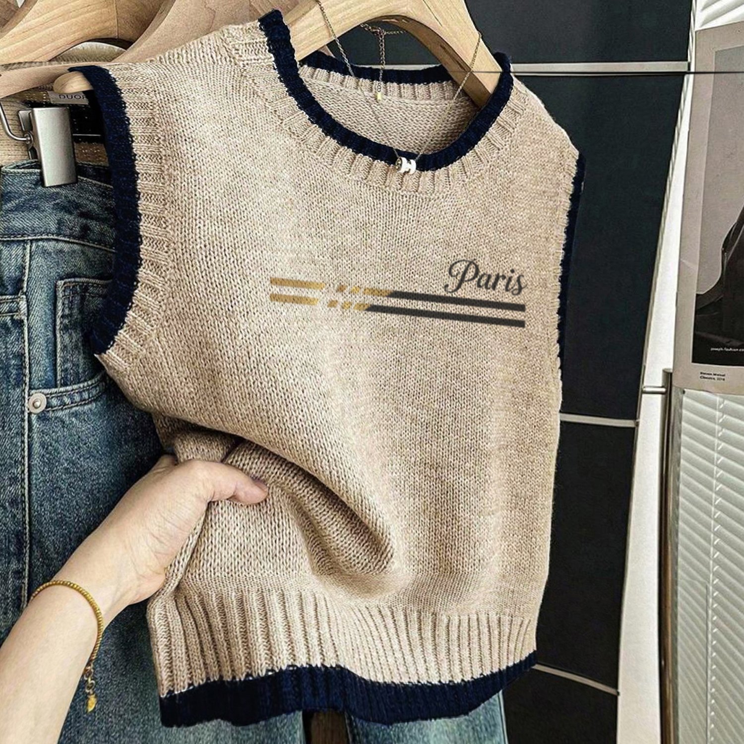 TEMU Preppy Style Vest With Contrast Trim And Print, Sleeveless Sweater Vest