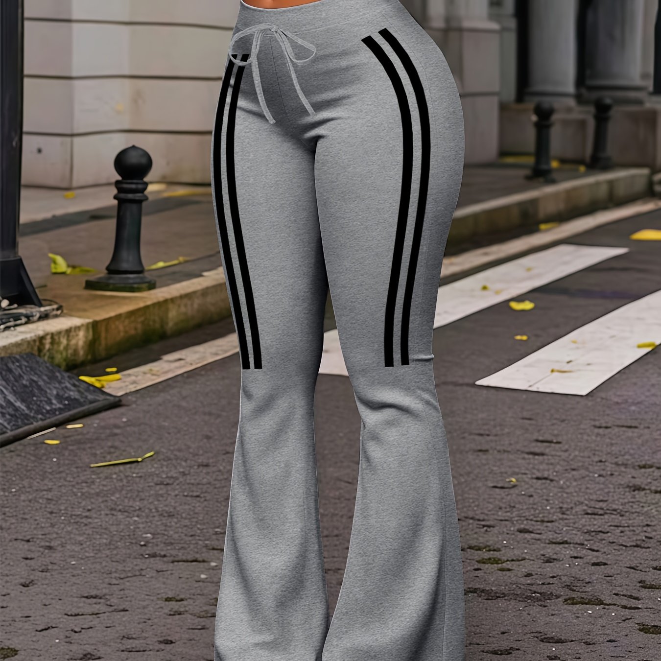 TEMU Pantalones de mujer para 2026, estampado de rayas simétricas en la parte superior de la pierna, cintura elástica con cordón ajustable, cómodos,