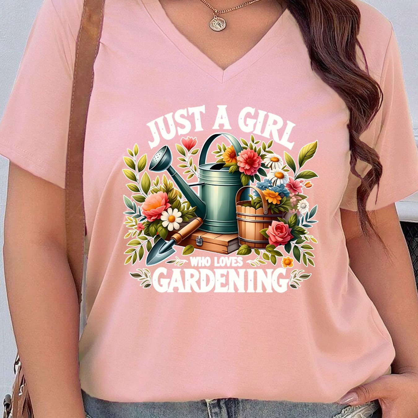 TEMU A Single-piece Women's Spring And Summer Commuting Outfit Featuring A V-neck Short Sleeve With A Print Of A Who Gardening, Accompanied By A