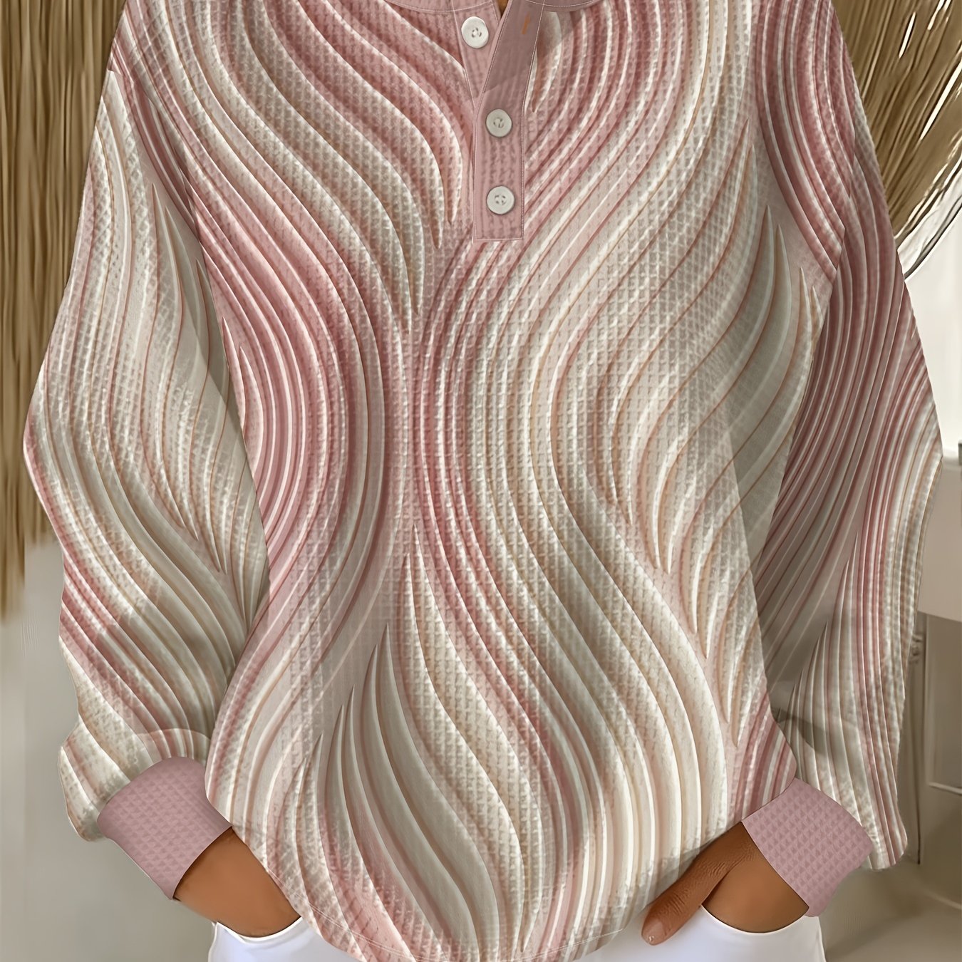 TEMU Waffle-patterned Sweatshirt, And White Water Ripple Swirl Texture, Individual Age-reducing Button Round Neck Long Sleeve Sweatshirt